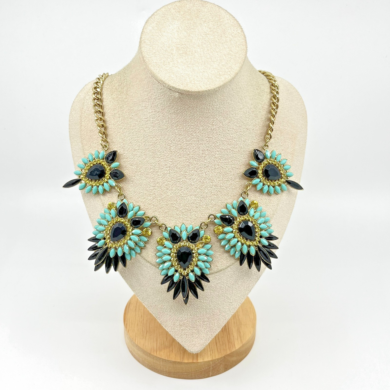 VTG Y2K Statement Necklace Gold Tone Turquoise Color Black Yellow Resin Cabochon
