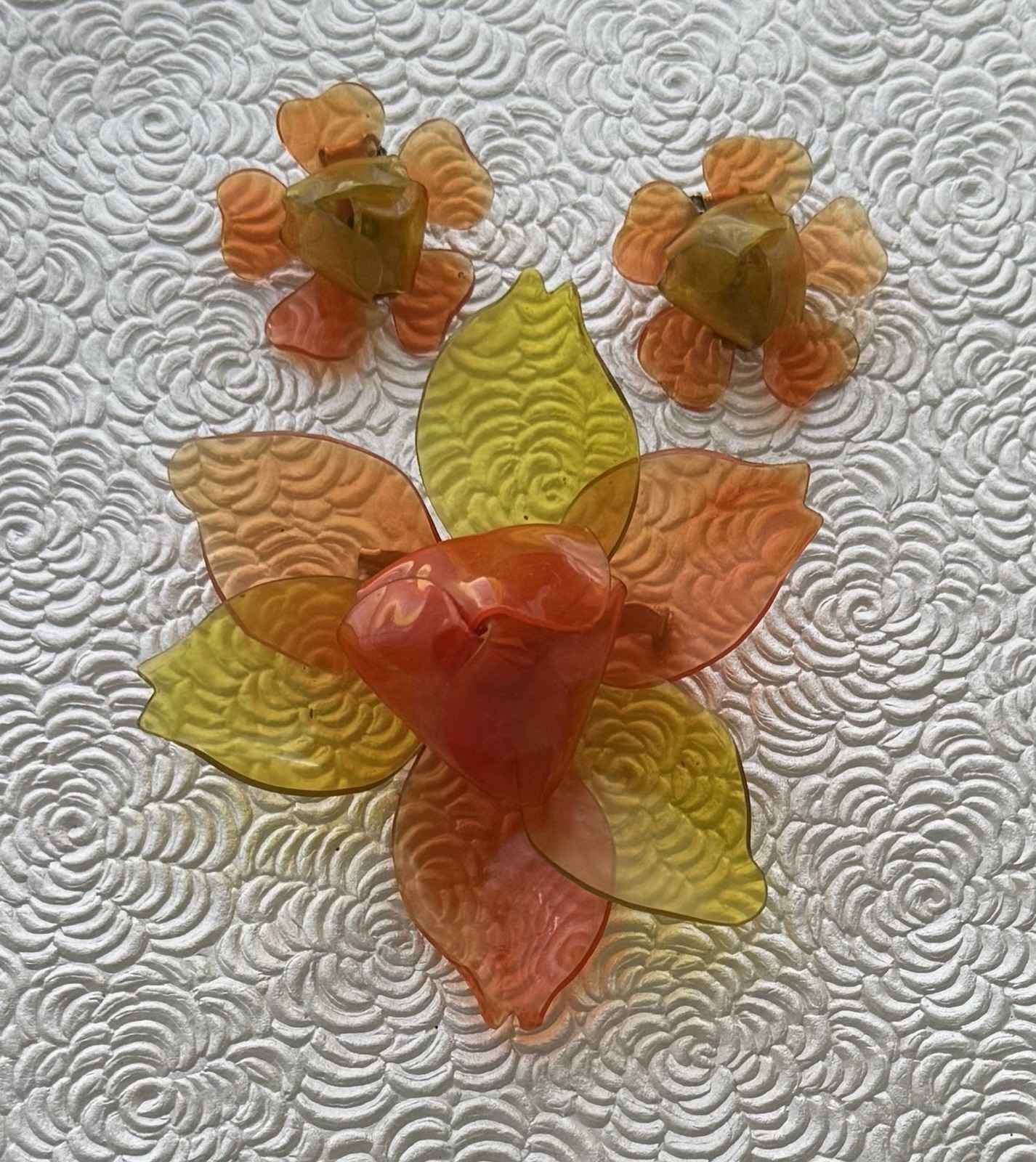 Vintage Orange / Yellow Flower brooch & earrings set cellulose acetate plastic