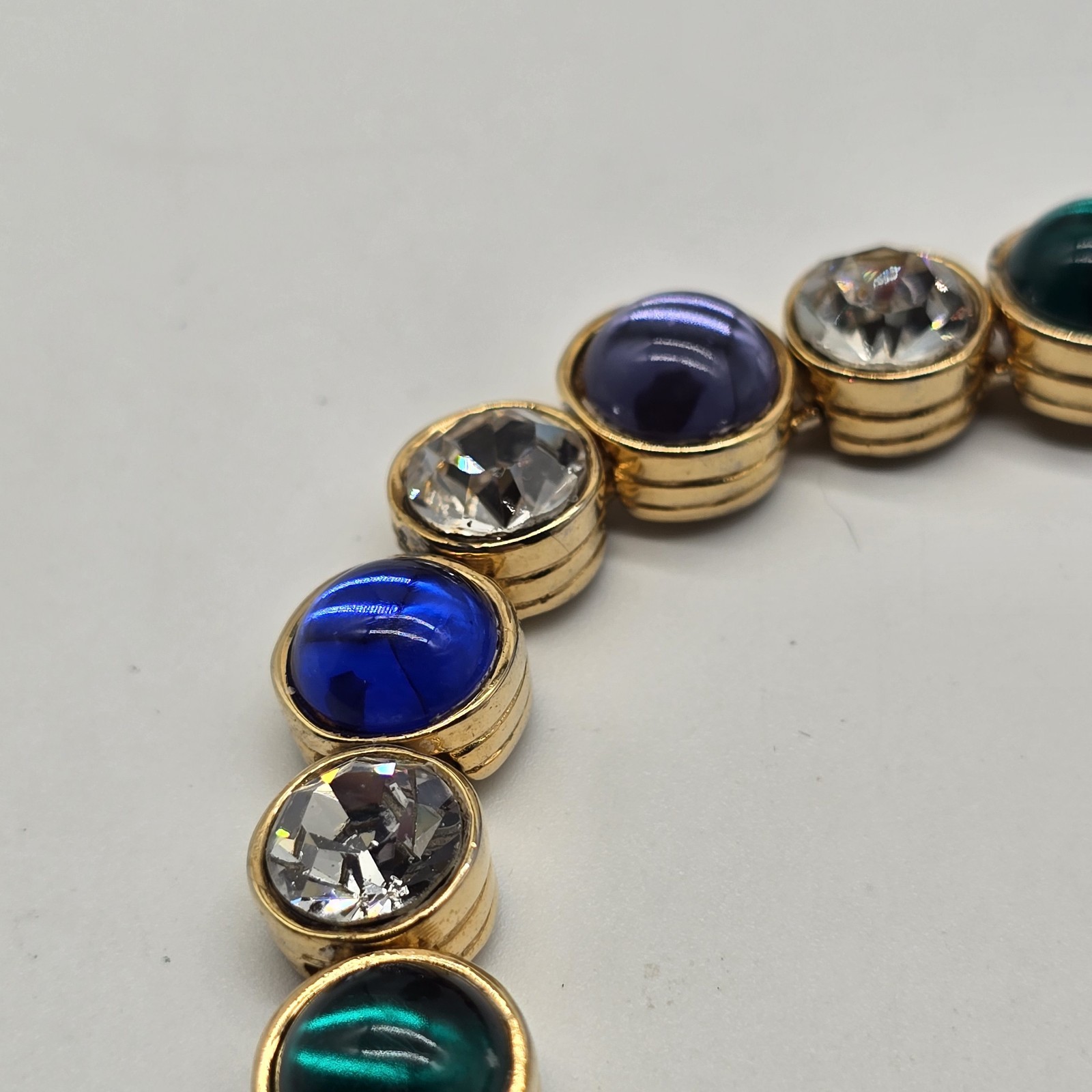Vintage Les Bernard Bracelet Clear Rhinestones And Blue Green Purple Cabochons