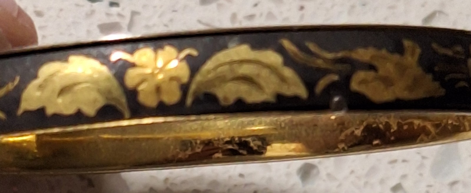Vintage Damascene Hinged Bangle with Birds & Flowers Black and Gold tone
