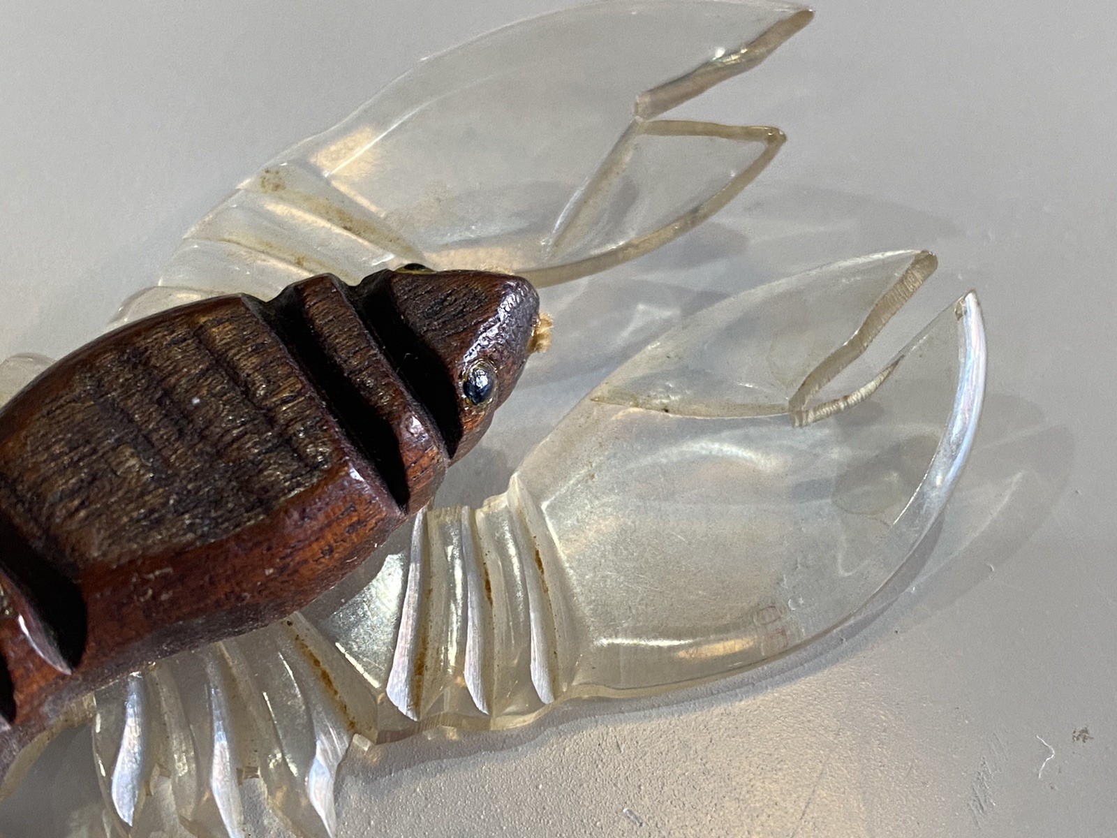 Vintage WWII Era Lucite Wood Lobster Figural Brooch Wartime Novelty Pin 1940s