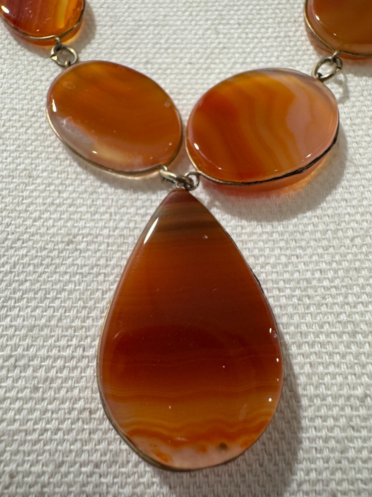 Vtg Polished Tumbled Agate Necklace Orange Brown 26″ Link 1960s 70s Boho Natural
