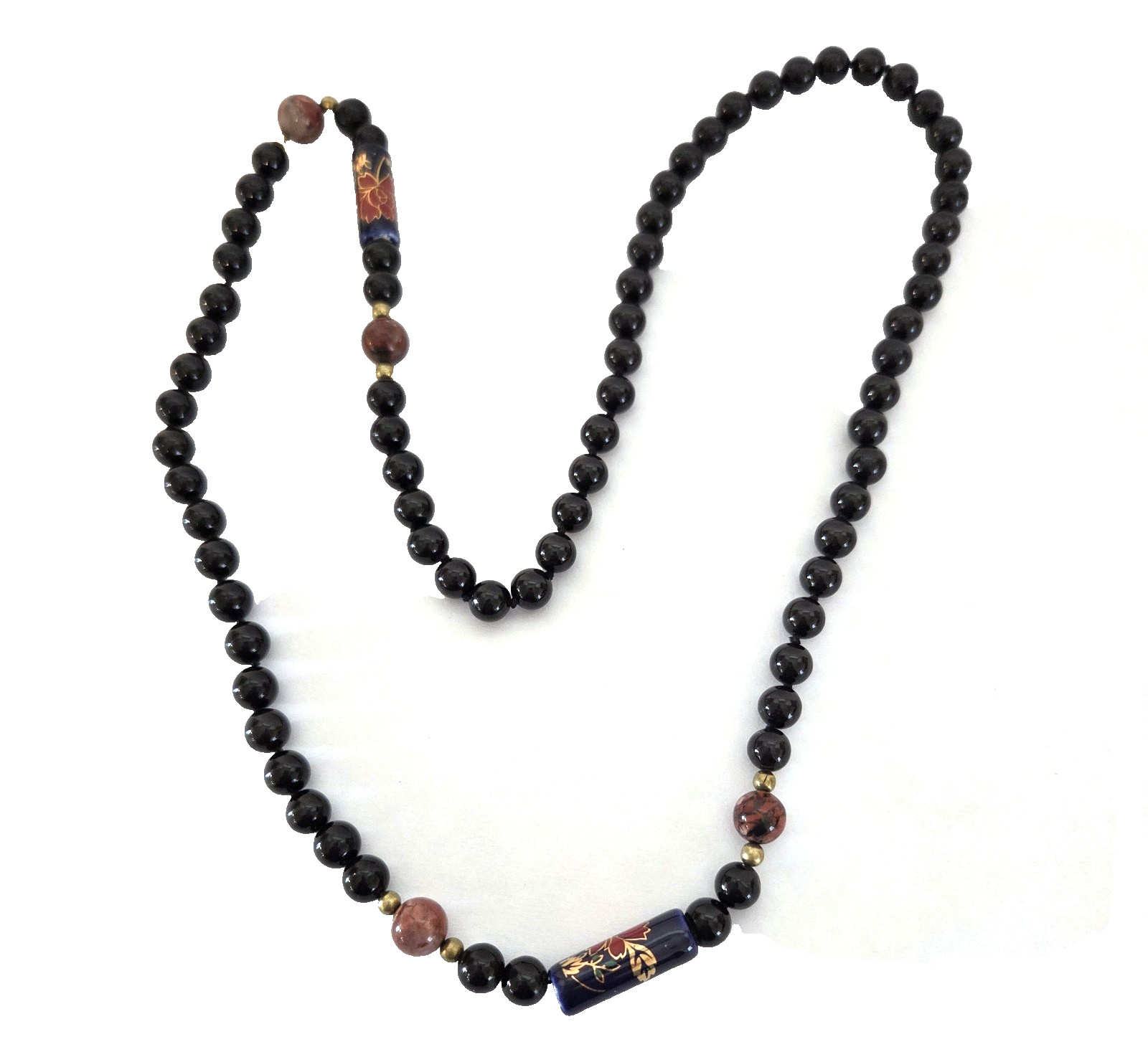 Vintage Chinese Blue Porcelain Cloisonne Black Hand Knotted Bead Necklace 28″
