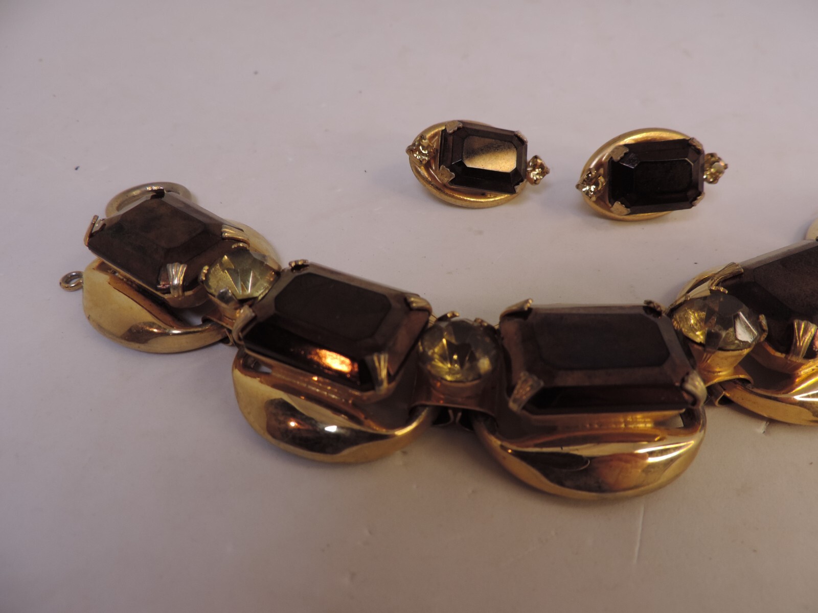 Bracelet Earrings Set 5 Link Brown Green Large Rhinestones Open Backs MCM Trendy