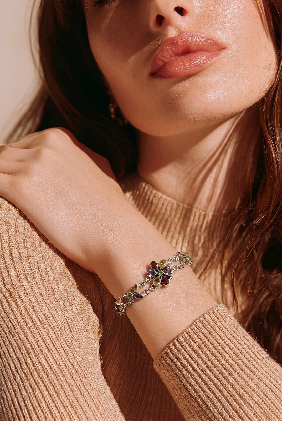 Sterling Silver Bracelet Flower Multi Gemstone Amethyst Peridot Citrine Garnet
