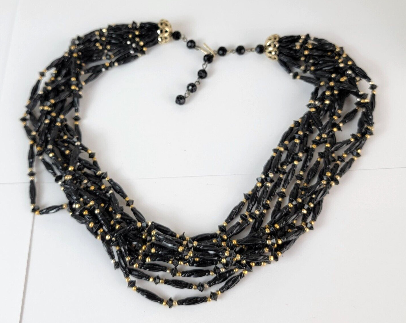 Vintage Hong Kong Black & Gold Seed Bead Multi Strand Necklace 21 in Hook Clasp