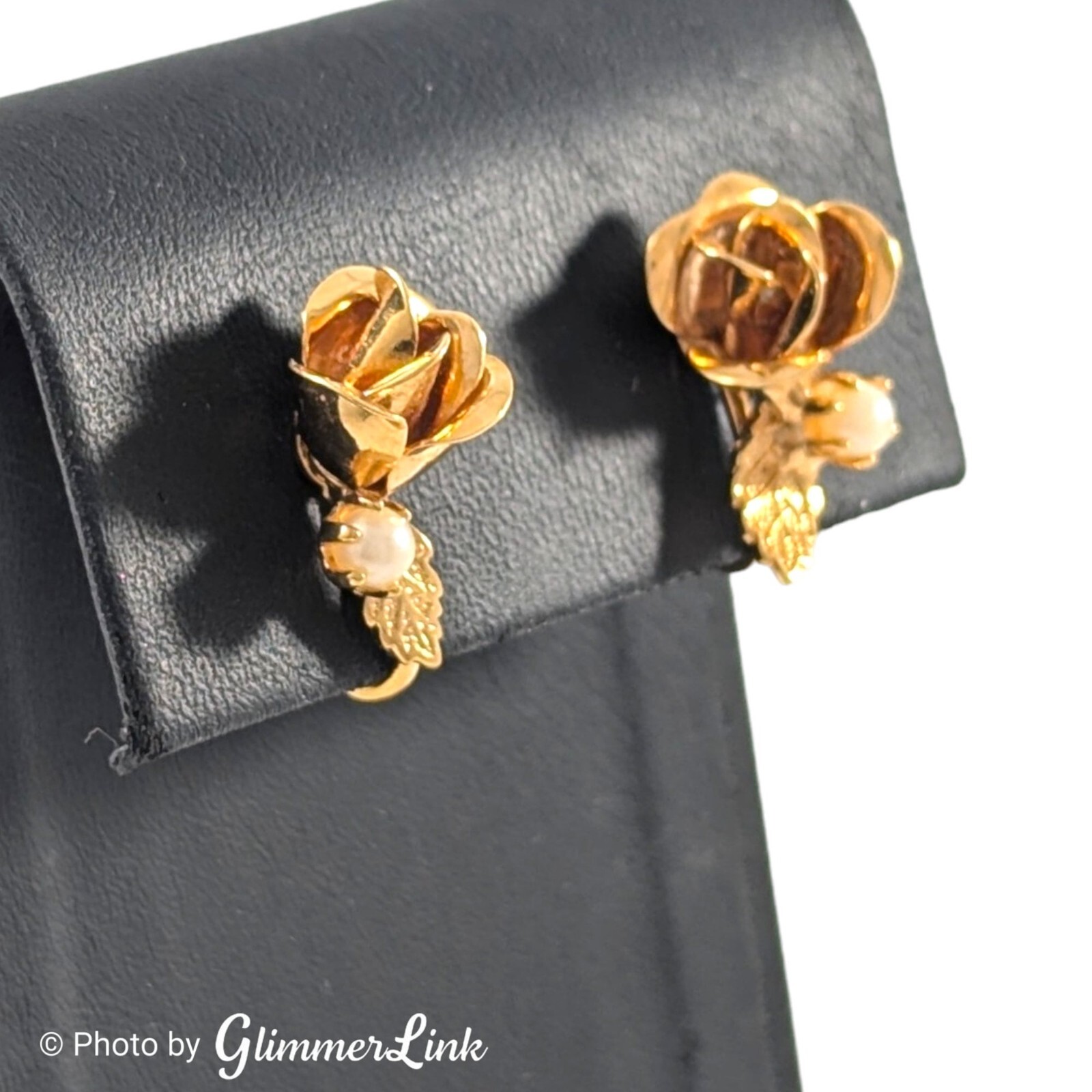 Vintage Rose Leaf Faux Pearl Gold Tone Adjustable Clip On Earrings