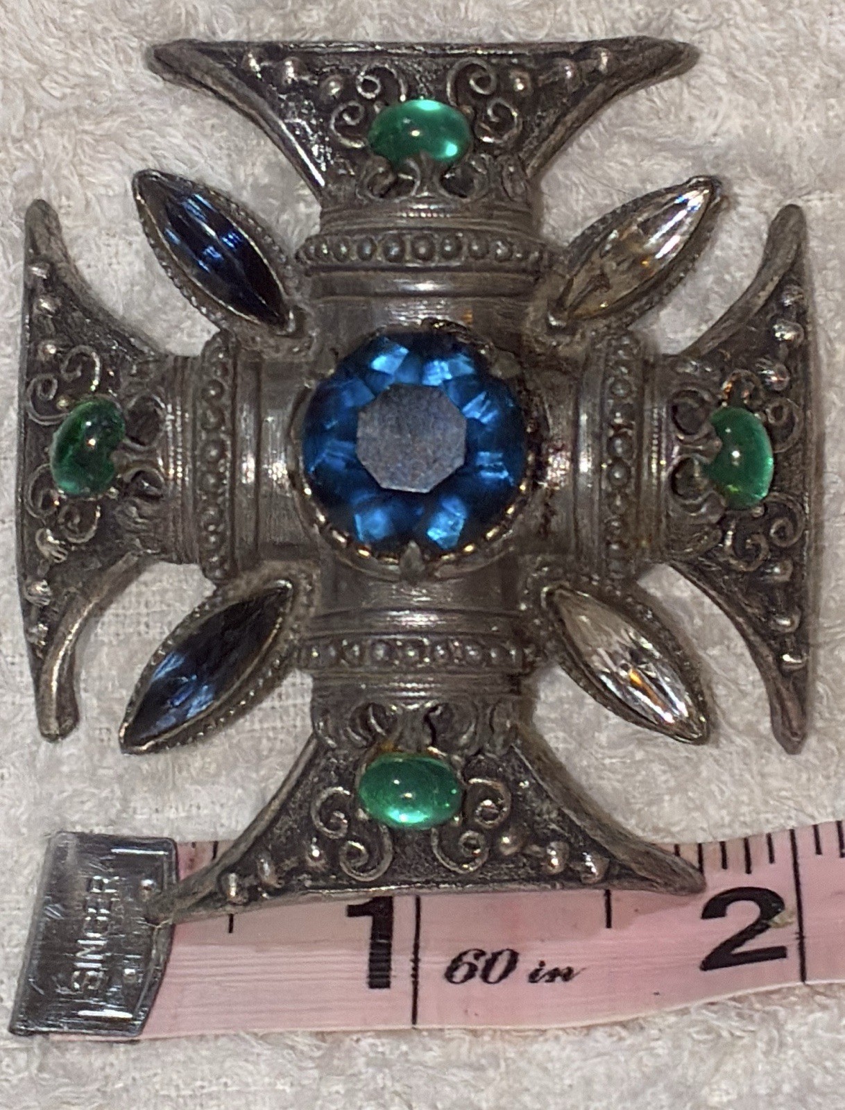 Vintage FLORENZA pendant brooch MALTESE CROSS IRON unknown gemstone medieval