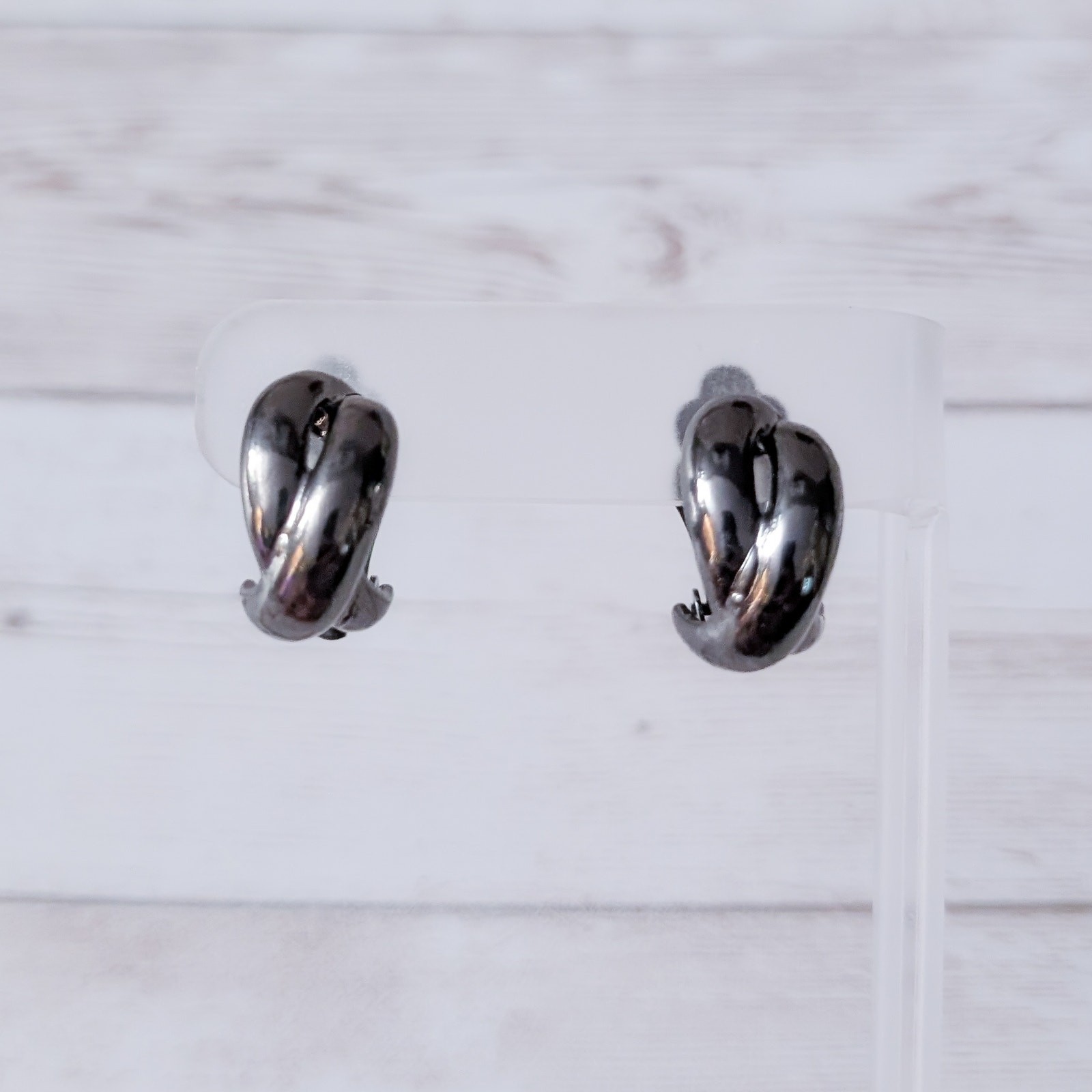 Vintage Clip On Earrings Dark Grey Twisted Chunky Hoops
