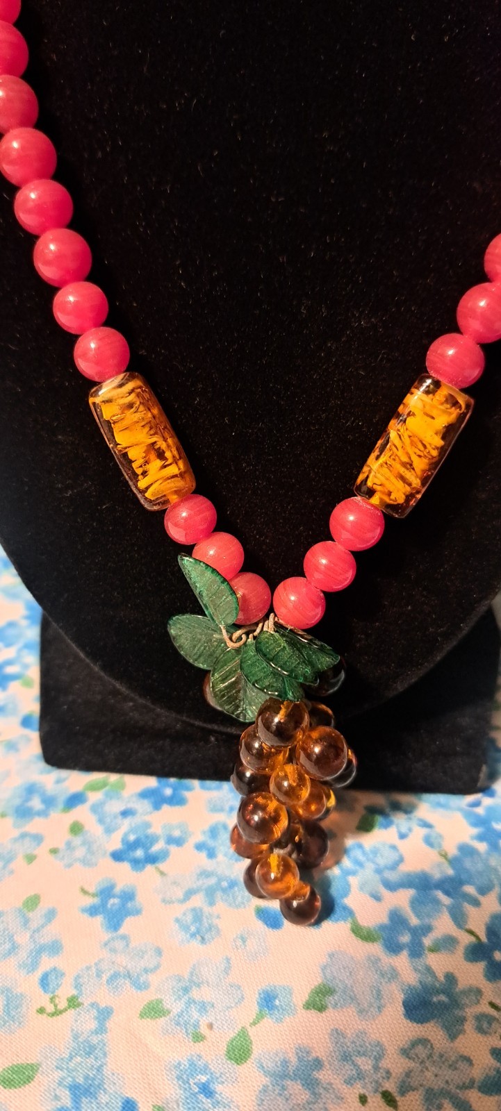 Vintage Red Beaded Necklace With A Cluster Of Grapes And Green Leaf Beads 21 In