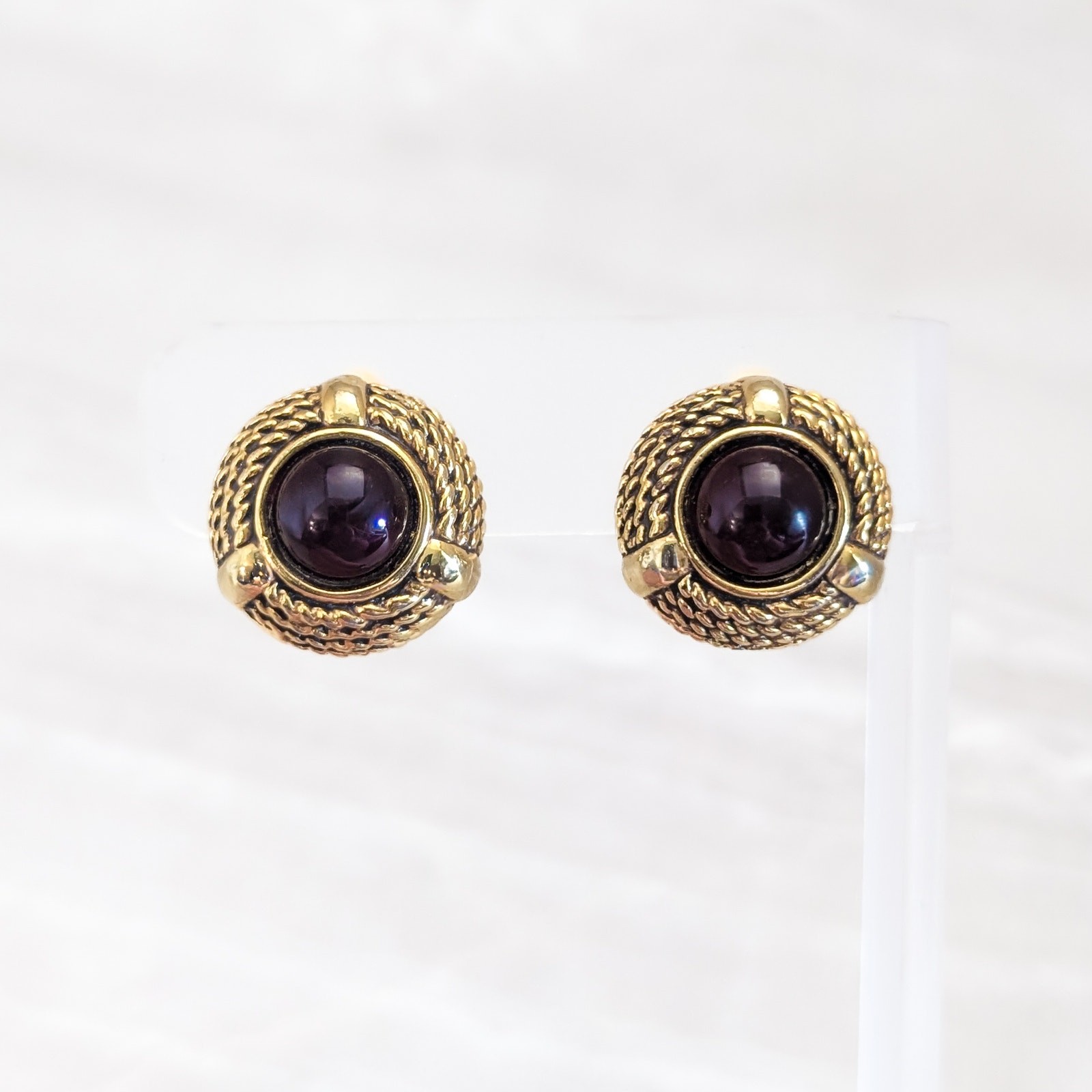 Vintage Clip On Earrings Statement Glam Gold Tone with Burgundy Center