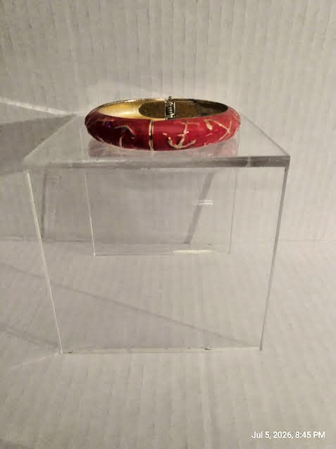 Vintage Metal Red Clamper Bangle Bracelet with Enamel Finish- Anchor Accents