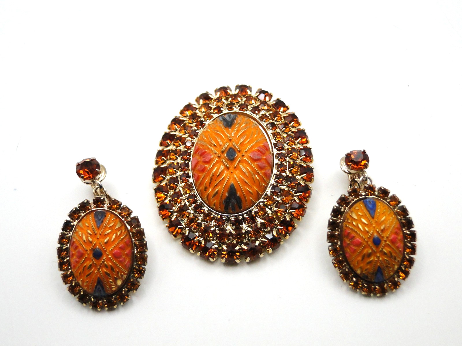Vintage Moroccan Orange Molded Glass & Rhinestone Set in Gold Plate Jewelry Set