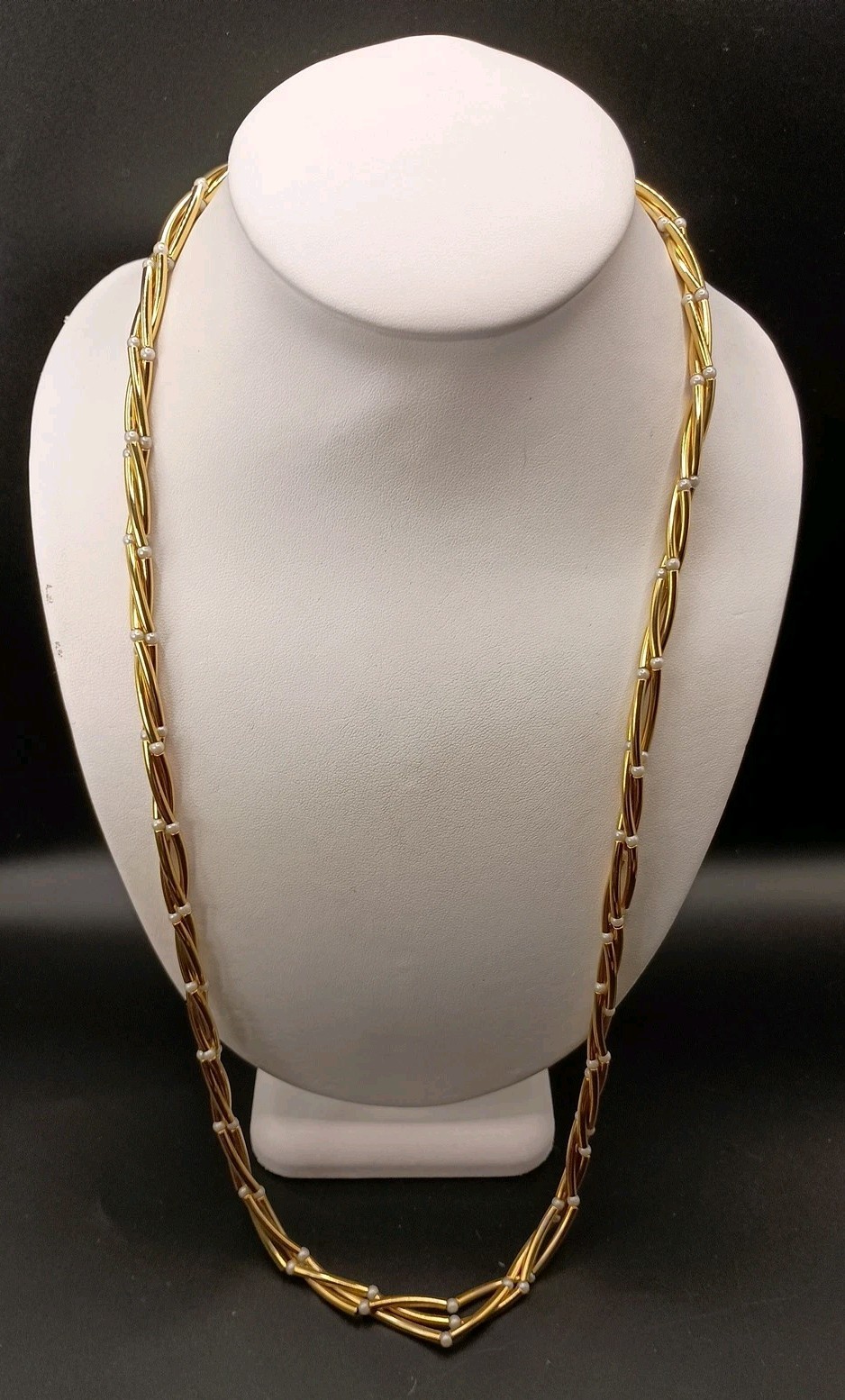 Vintage Gold Tone Bar Link Necklace Multi Strand Twist Seed Pearl 29″