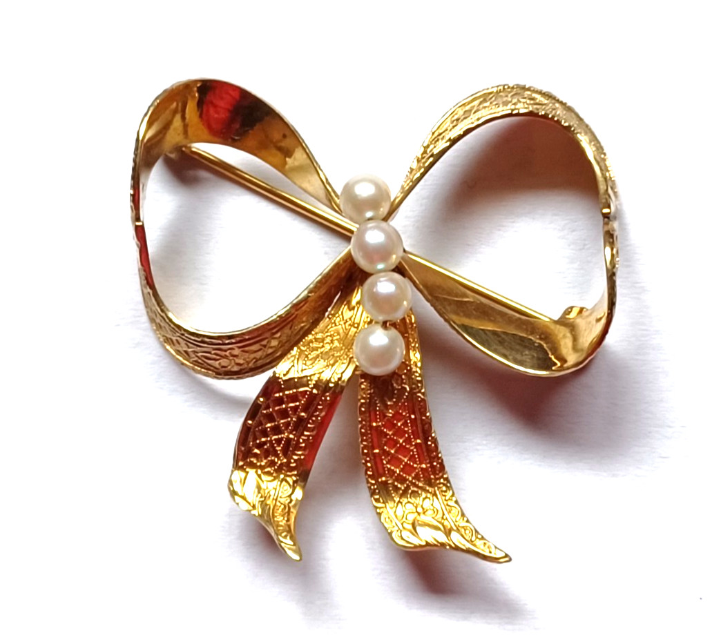 Vintage 12K Gold Filled Bow & Pearl Brooch Signed H.G.
