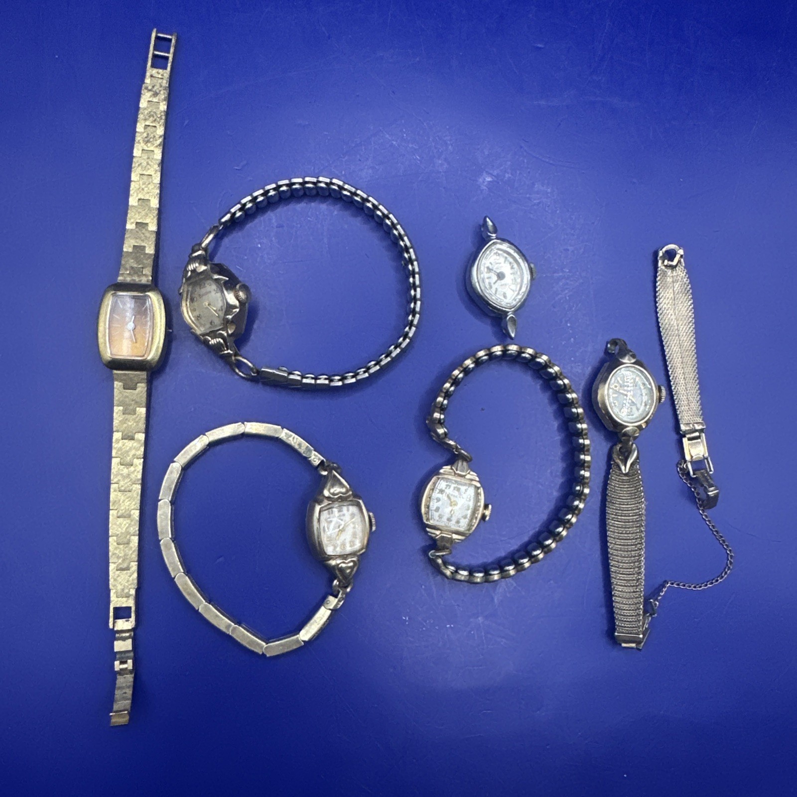 Lot of 6 Vtg Watches (5 Work) Elgin Bulova Royal Star Strauss Jurgensen Read