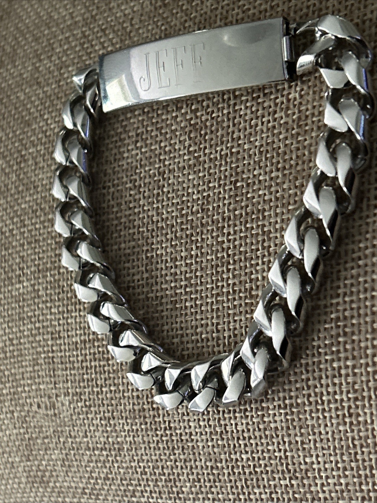 VTG Speidel ID Bracelet RHODIUM Plated Large Curb Cuban Link Inscription JEFF
