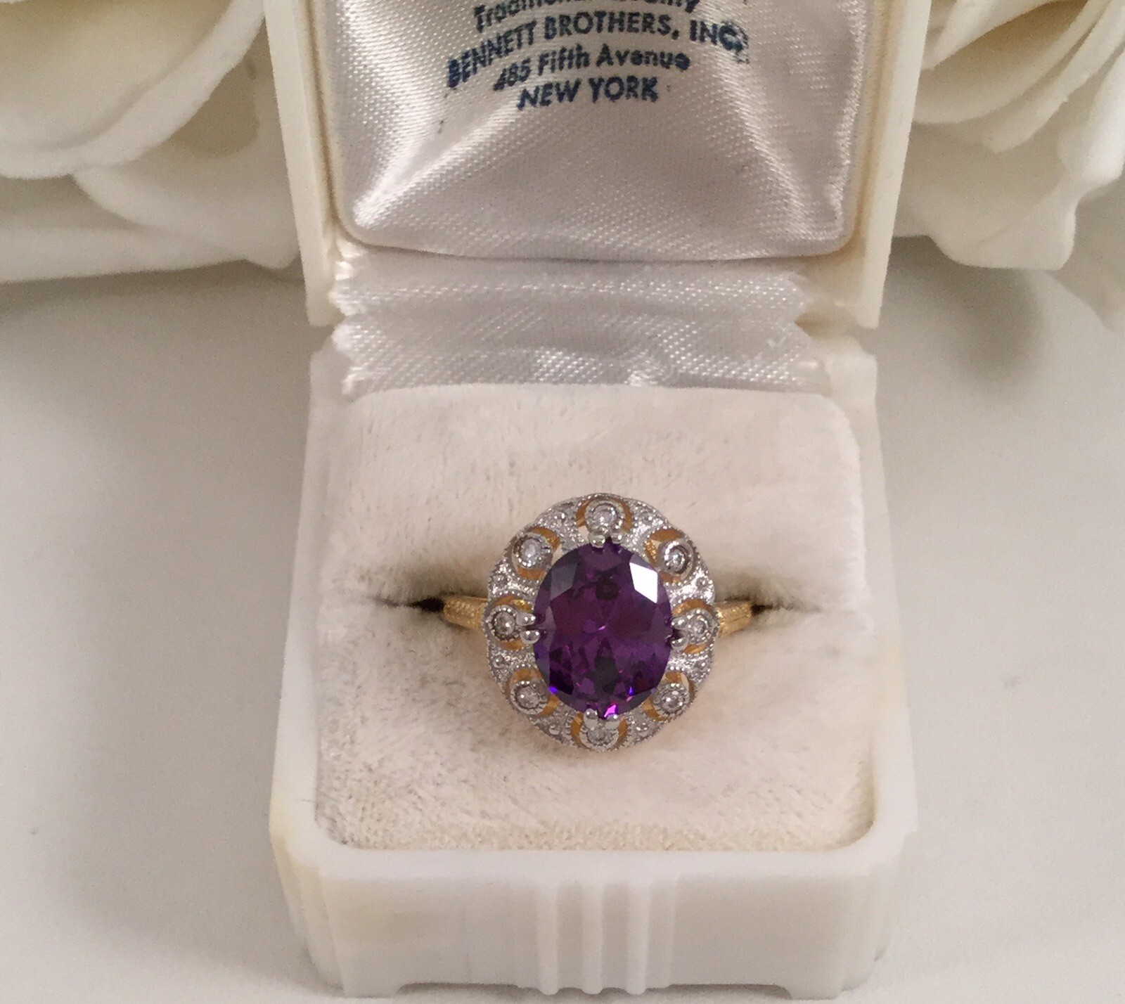 Vintage Jewellery Gold Ring Amethyst White Sapphires Antique Deco Jewelry 10 U