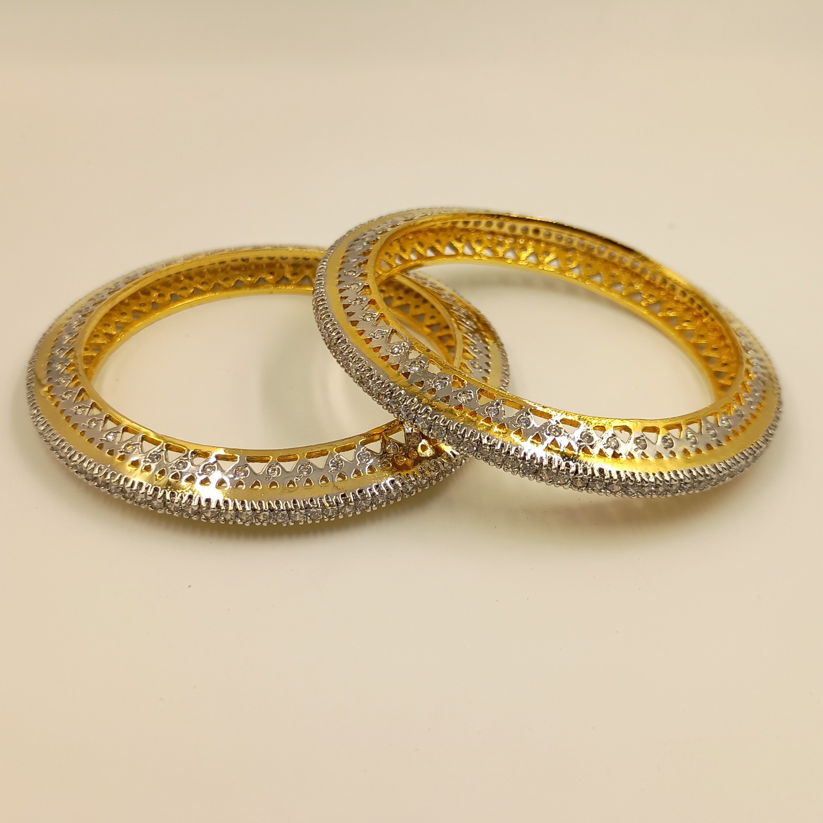 South Indian Style CZ Bangle Set, 22K Gold Plated, Elegant Handmade Bridal Set