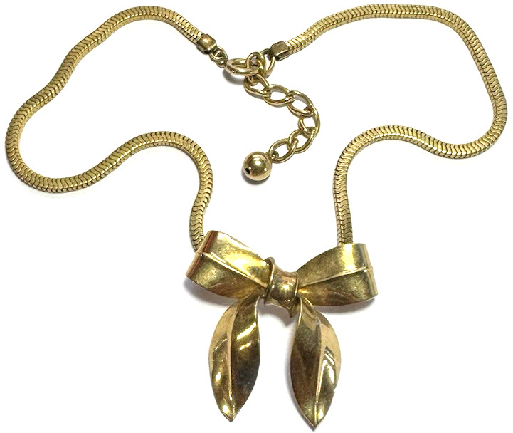 Vintage Jewelry Necklace Gold Herringbone Chain Bow Ribbon Metal Collar 17