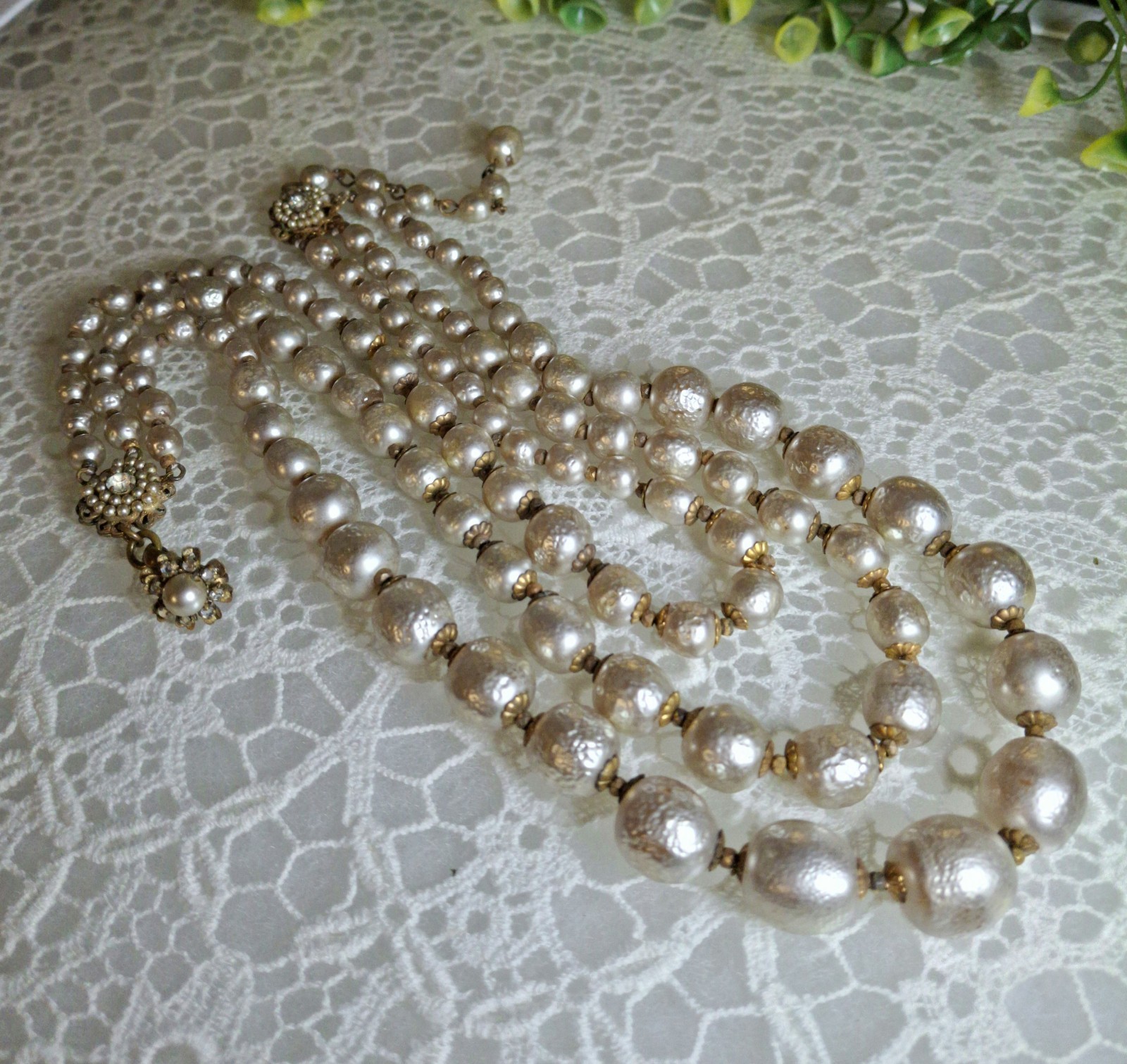 Early Signed Miriam Haskell 3 Strand Silver Niki Baroque Pearl Necklace