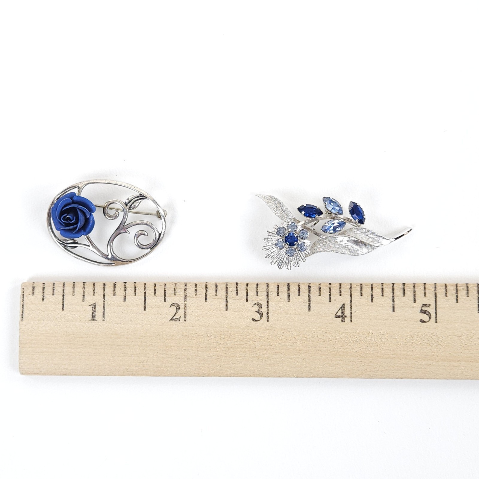Vtg 2 Sterling Floral Brooches Sarah Coventry Rhinestones Jezamine BlueRose