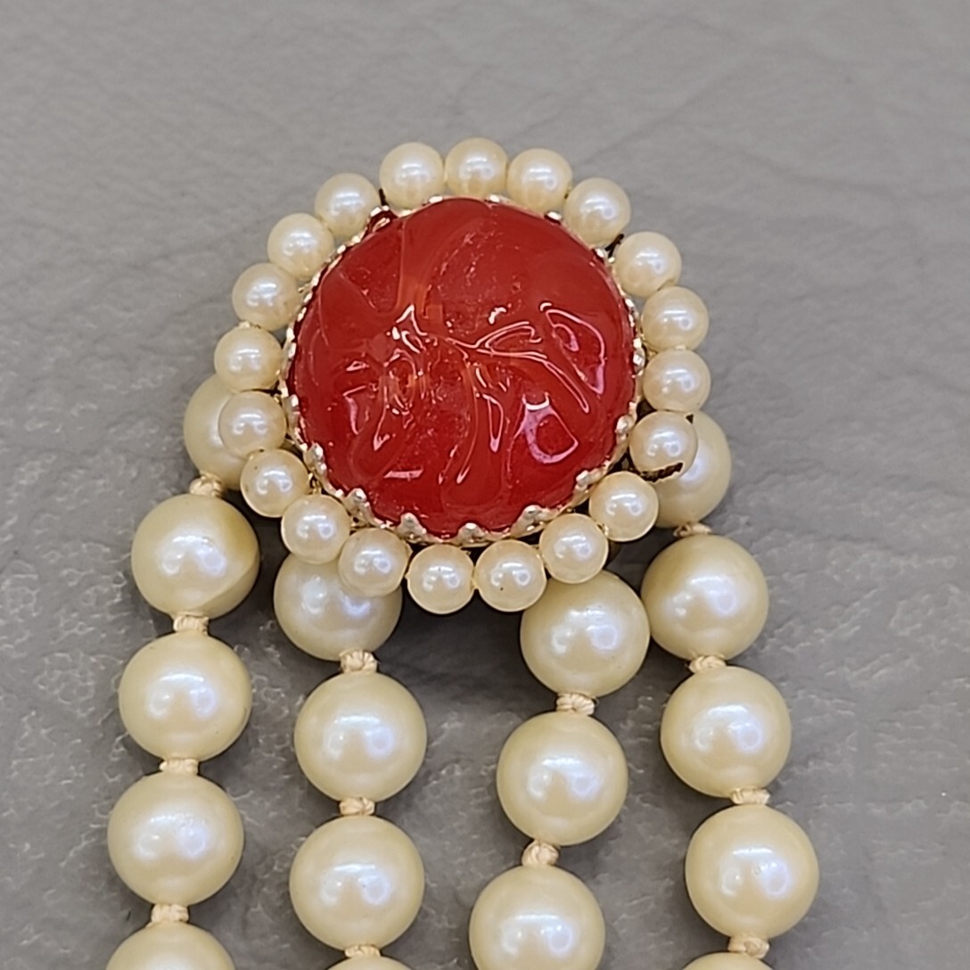 Vtg Bead Necklace Earrings Faux Pearls Layered Peach Art Glass Hong Kong 31″