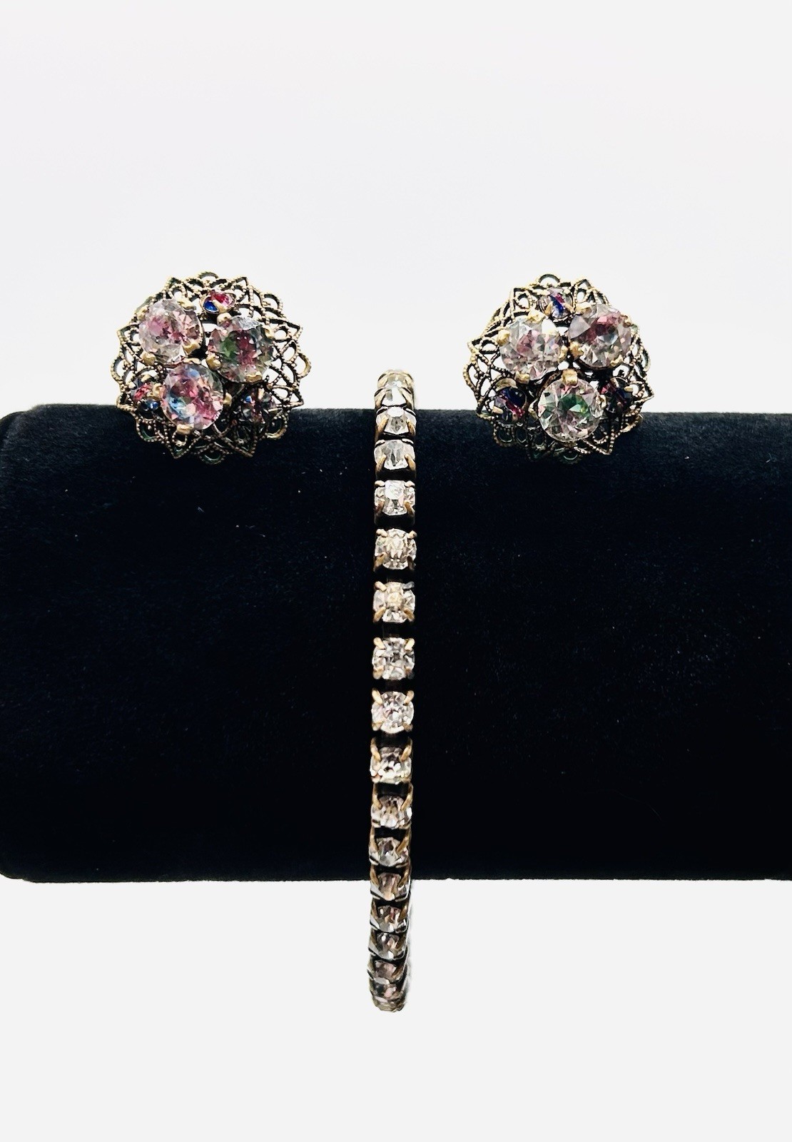 Vtg CZECH Screw-back Cluster EARRINGS and BRACELET SET-Gold Tone-RHINESTONE