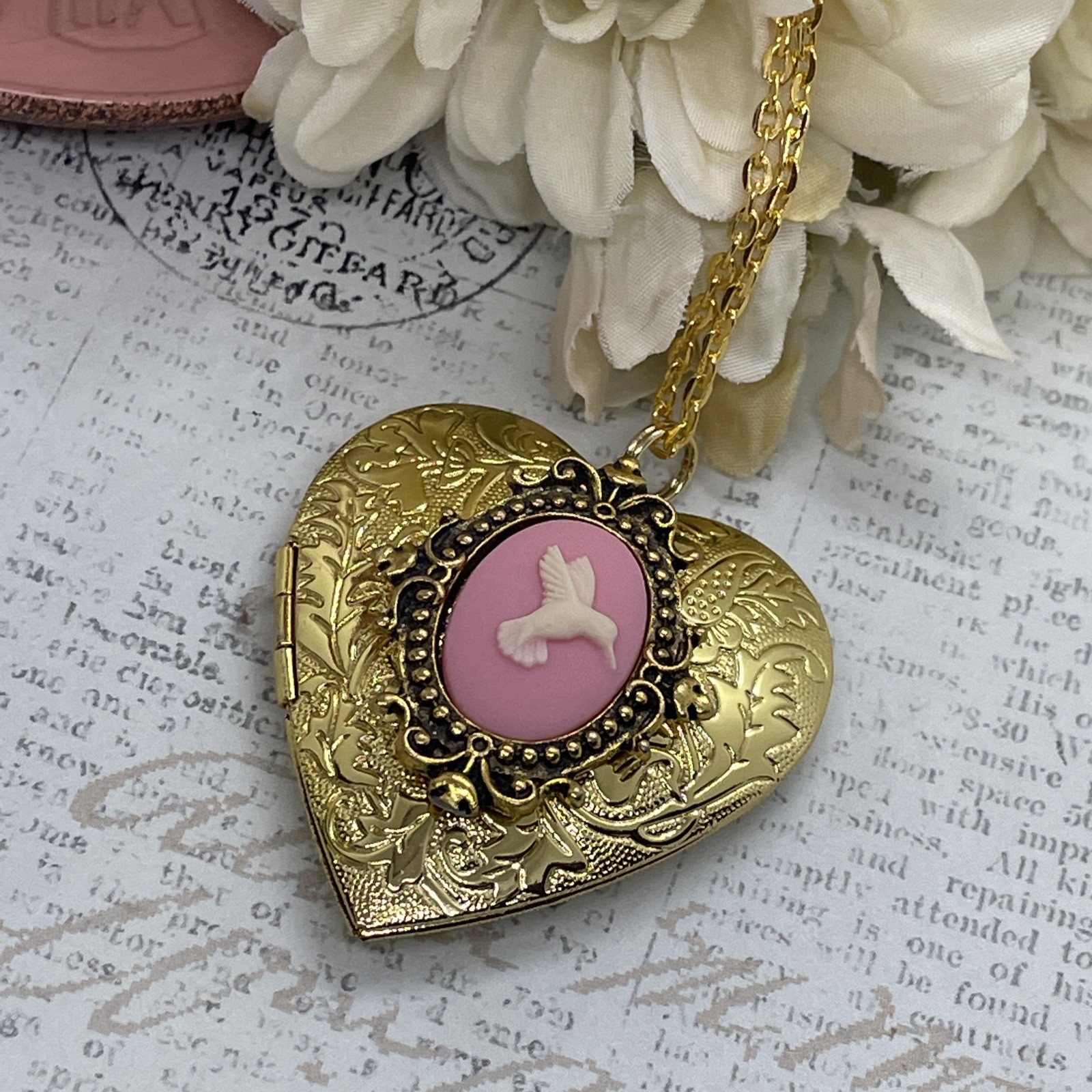 Gold Heart Locket Photo Pink Birthday Anniversary Wedding Hummingbird Necklace