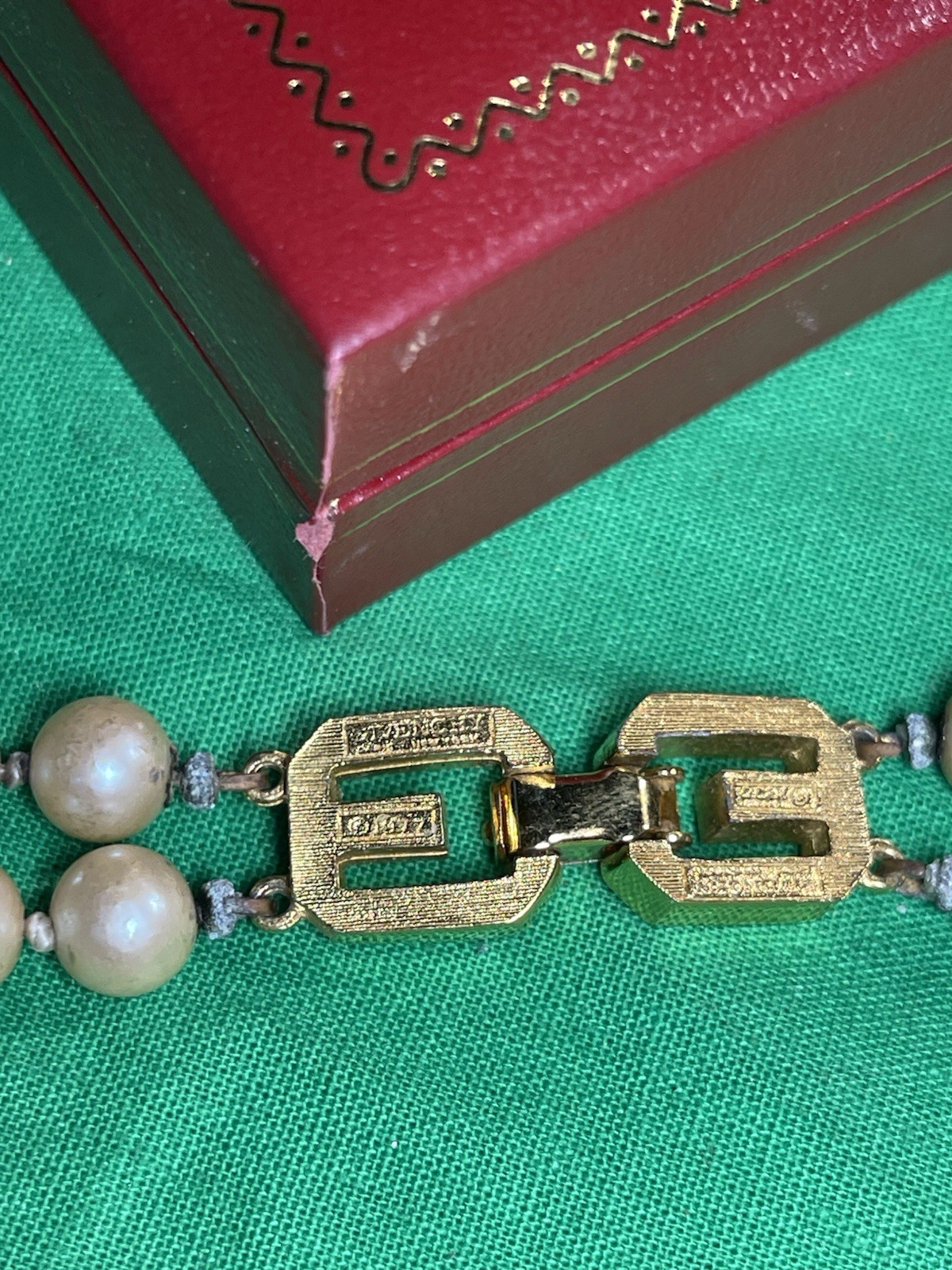 Vintage Givenchy 1977 Faux Pearl Necklace w/ Vintage Red Jewelry Box