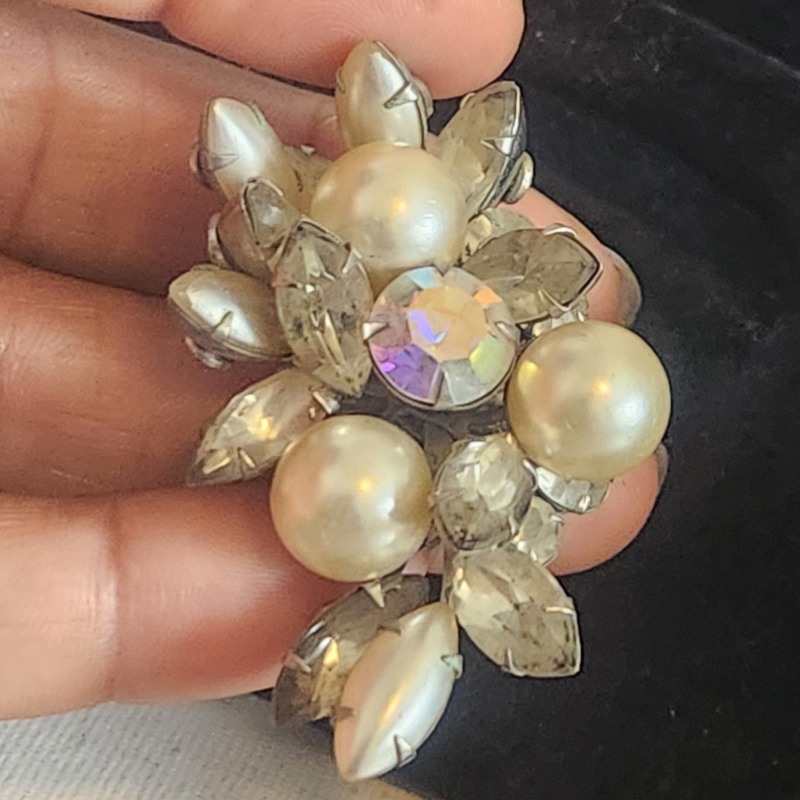 Vintage Aurora Borealis Rhinestone and Faux Pearl Cluster Clip On Earring Brooch