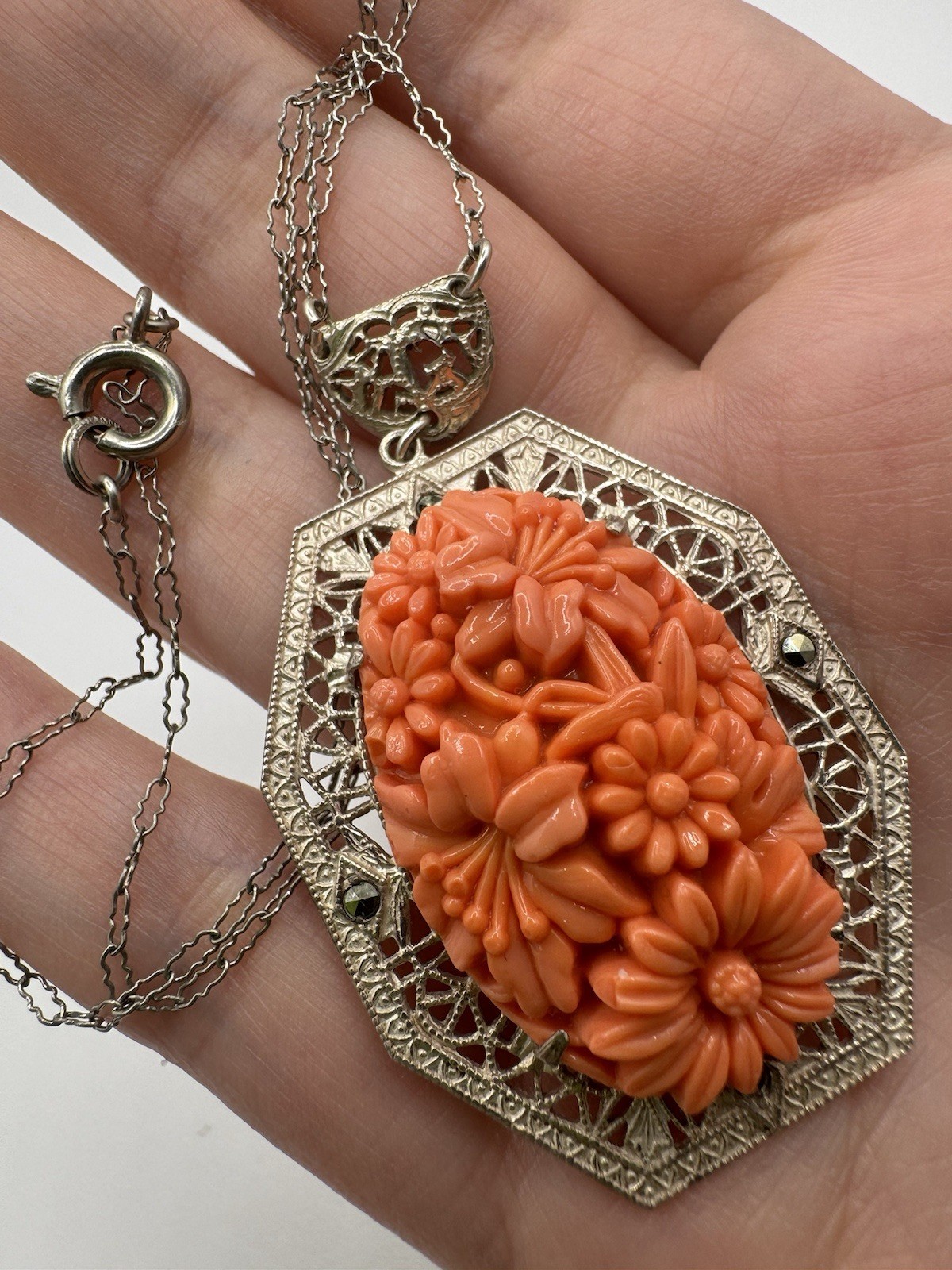 Antiqued ART DECO designed GERMANY faux Coral Carved Filigree Necklace Pendant