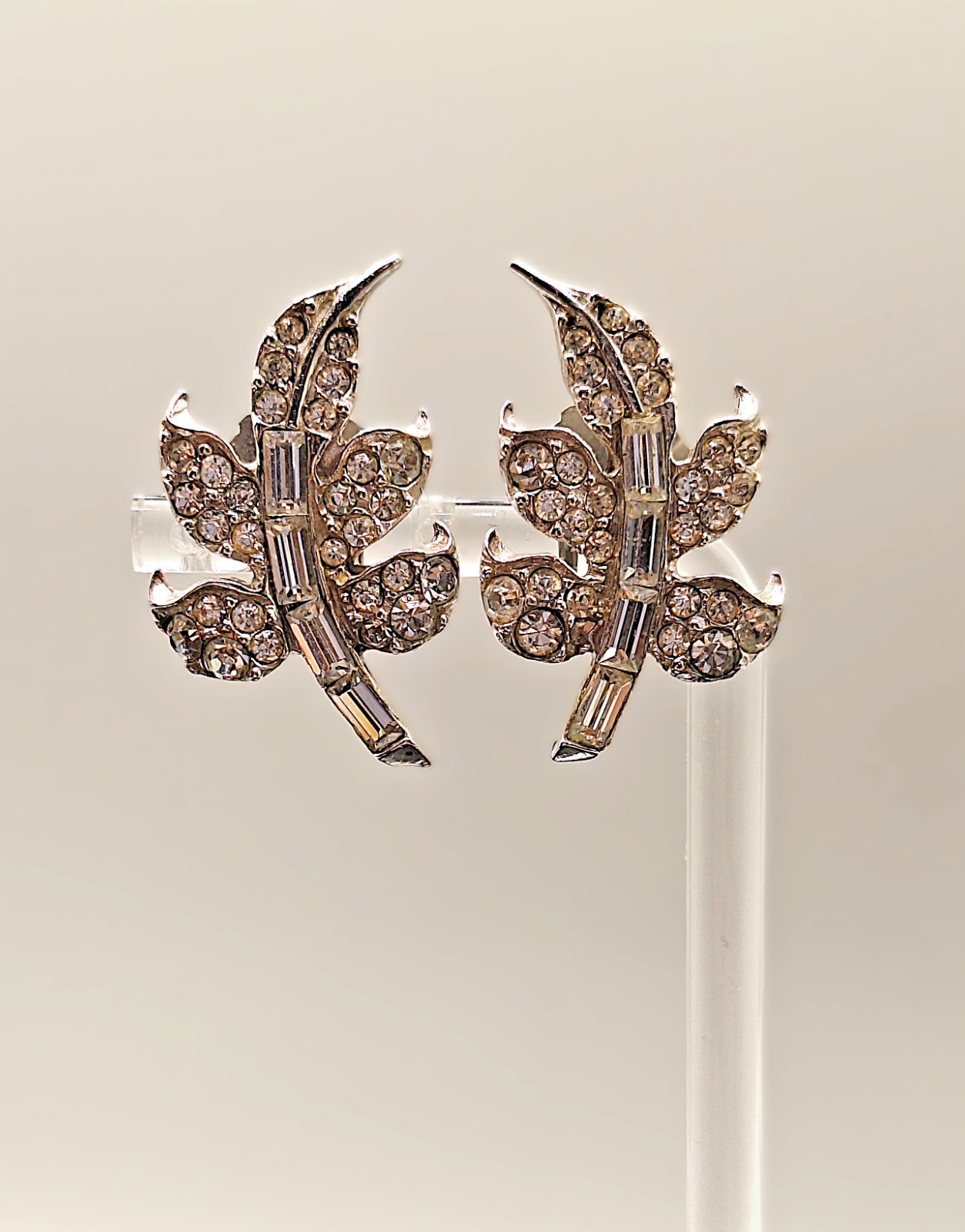 Vtg Pell Opulent Clear Diamante Rhodium Plated Setting Clip-On Earrings 1950s