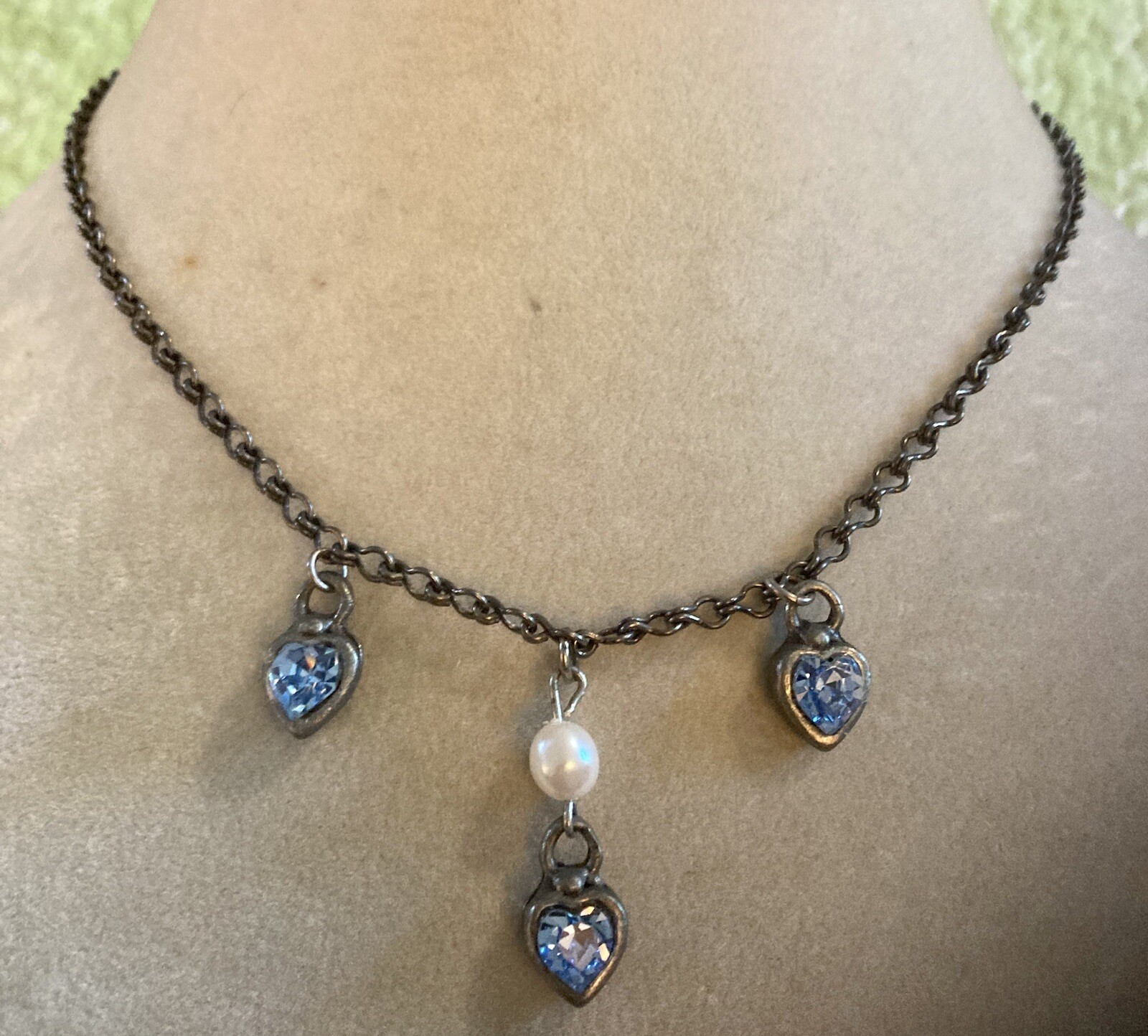 Vintg EH Elvin Hillestad Norway Necklace Crystal Hearts Pearl Charms Signed 15”