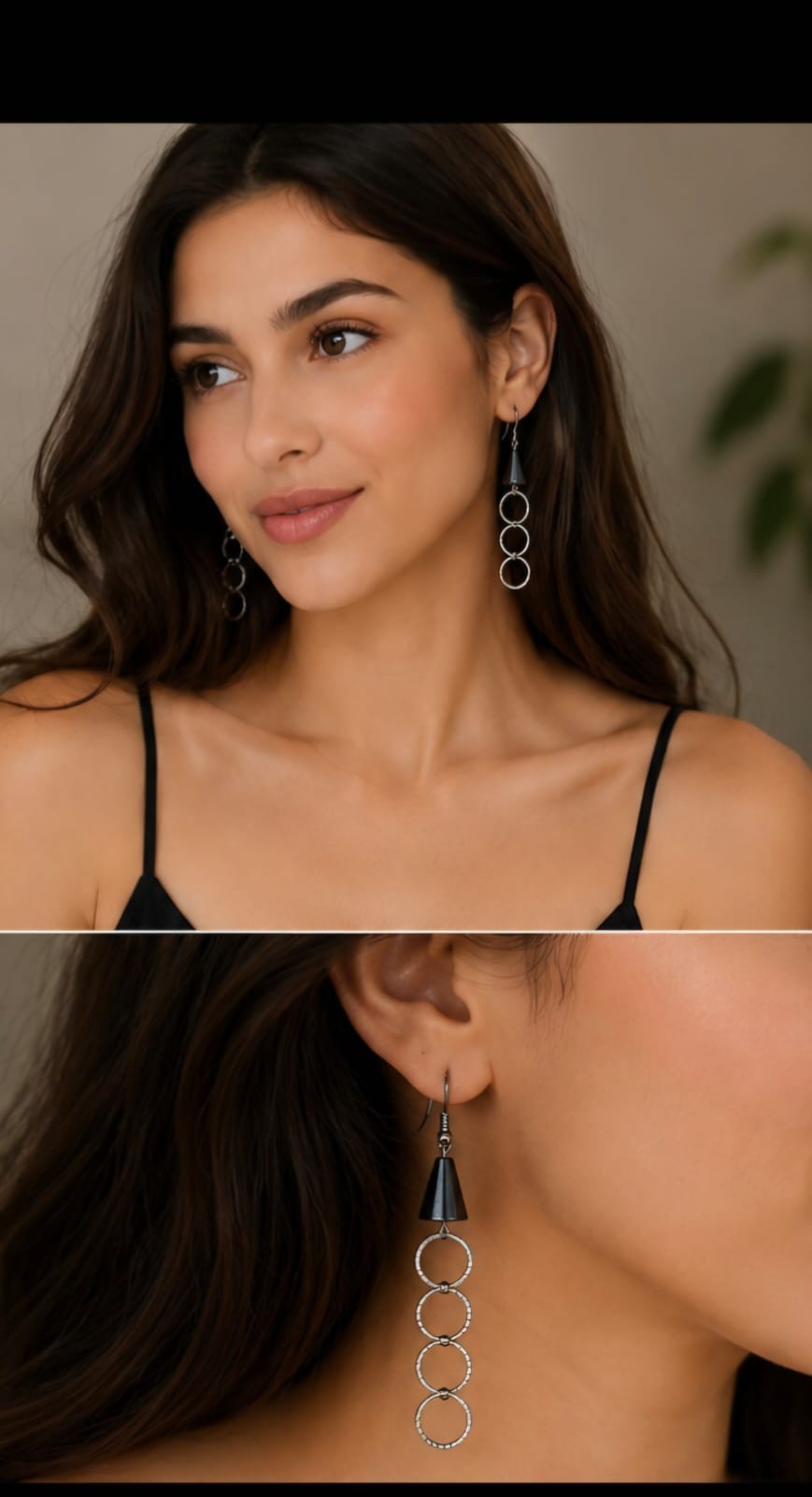 Vintage Silver Tone Hematite Dangle Earrings Long Open Circle Drop Boho Minimali