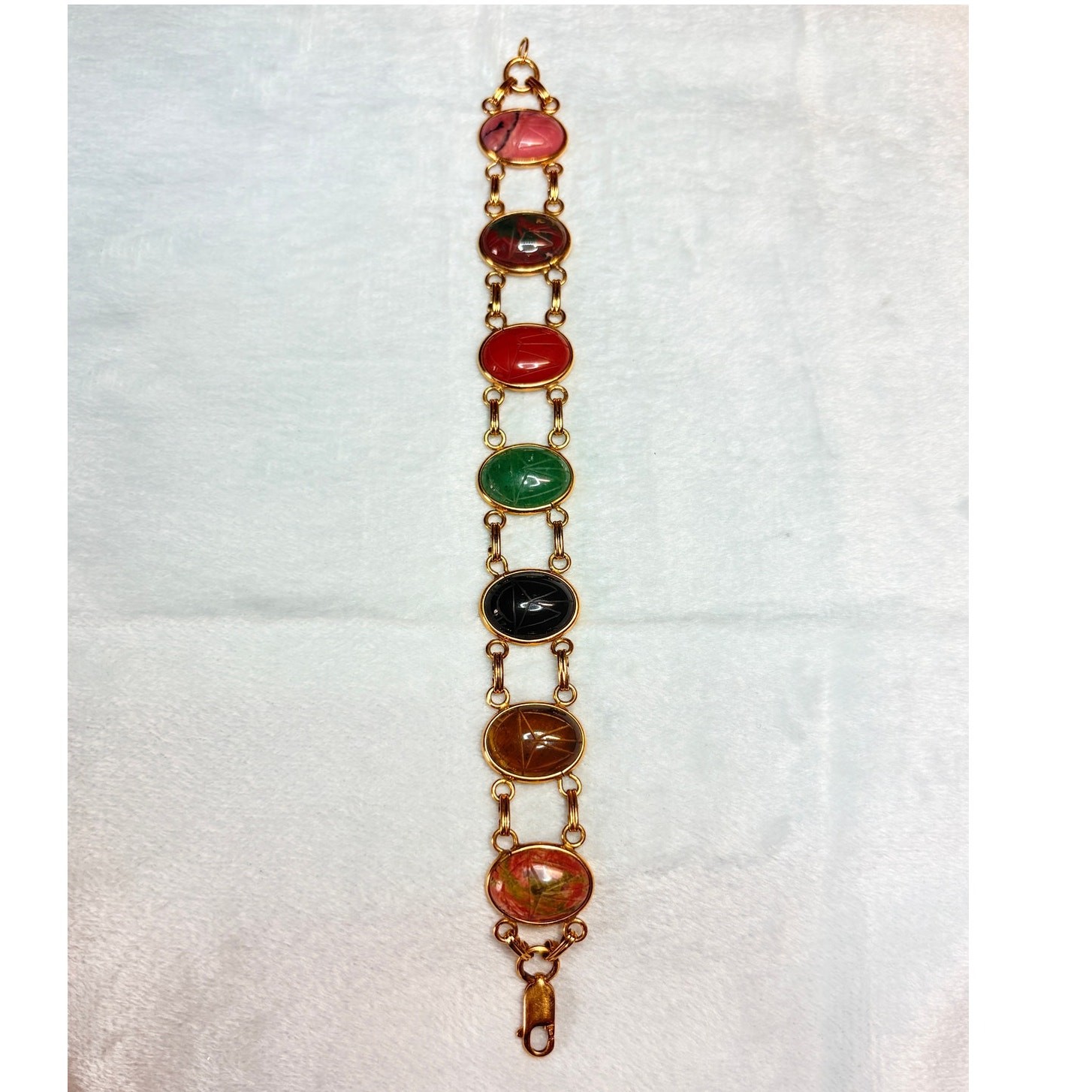 Vintage Hand‑Carved Natural Stone Scarab Bracelet, Egyptian Revival, Collectible