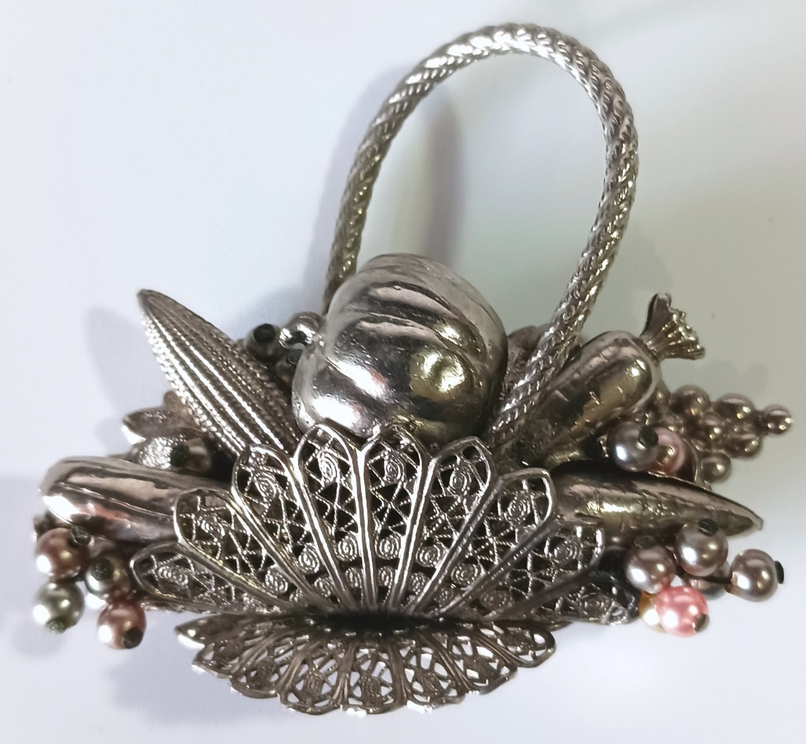 Unusual Ornate Silver-tone Vintage Harvest Veggie & Fruit Basket Brooch