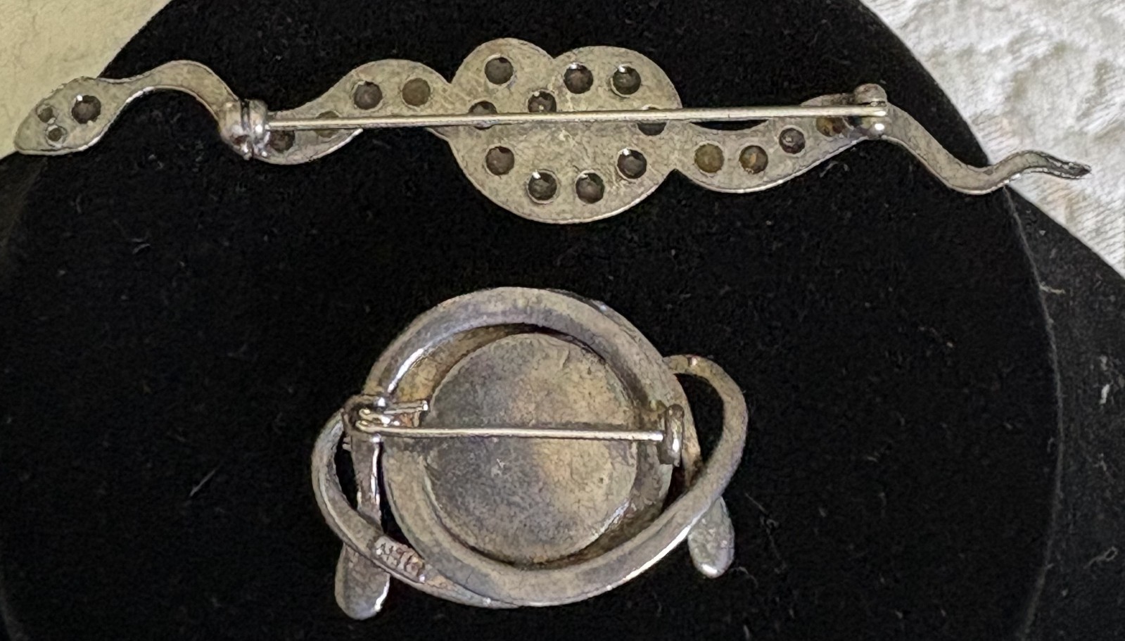 VINTAGE STERLING AND SILVER SNAKE BROOCHES (2) W/TURQUOISE AND ONE W/RHINESTONES