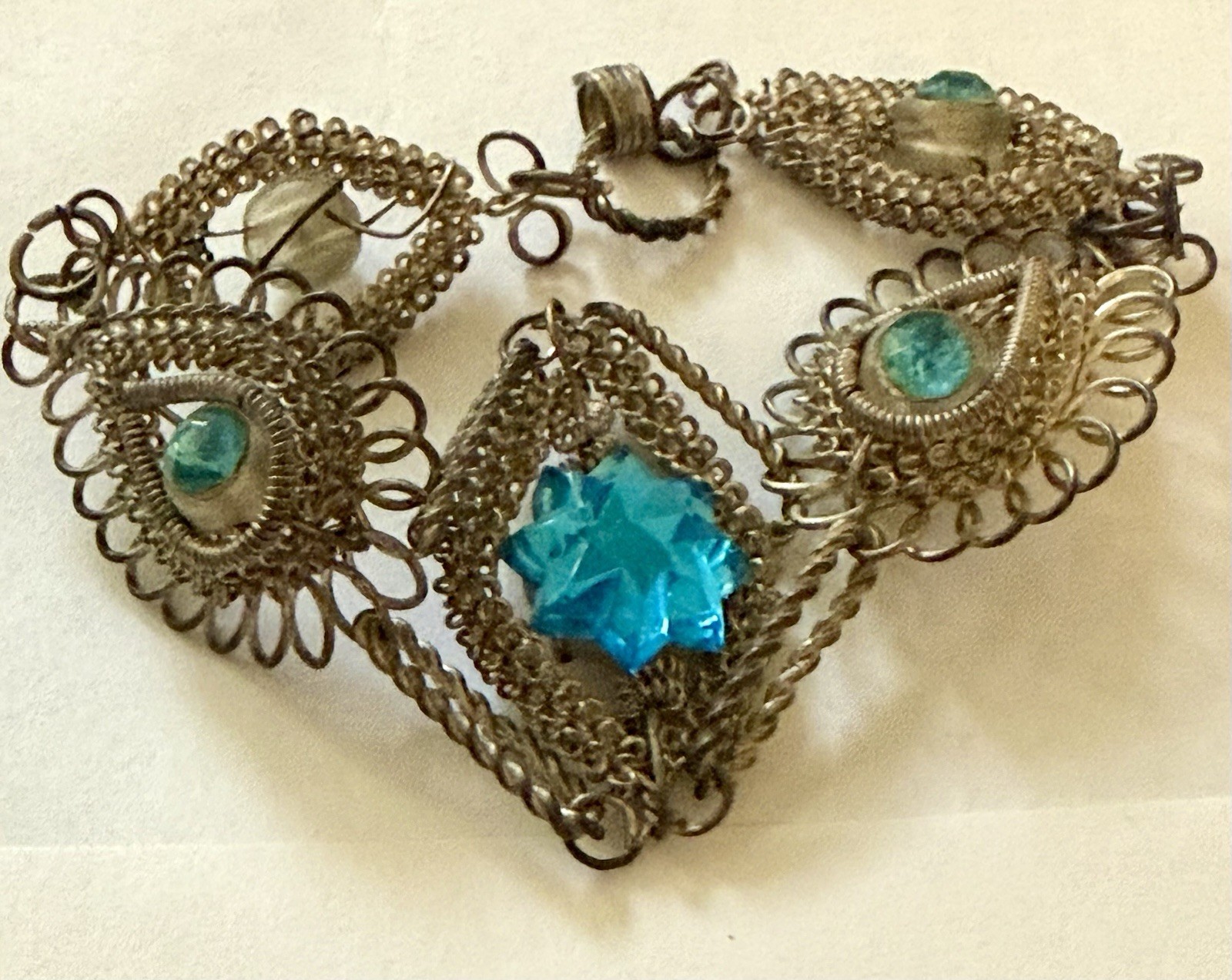 Vintage/Antique Victorian Style Silver Metal Bracelet Aqua Rhinestones No Clasp