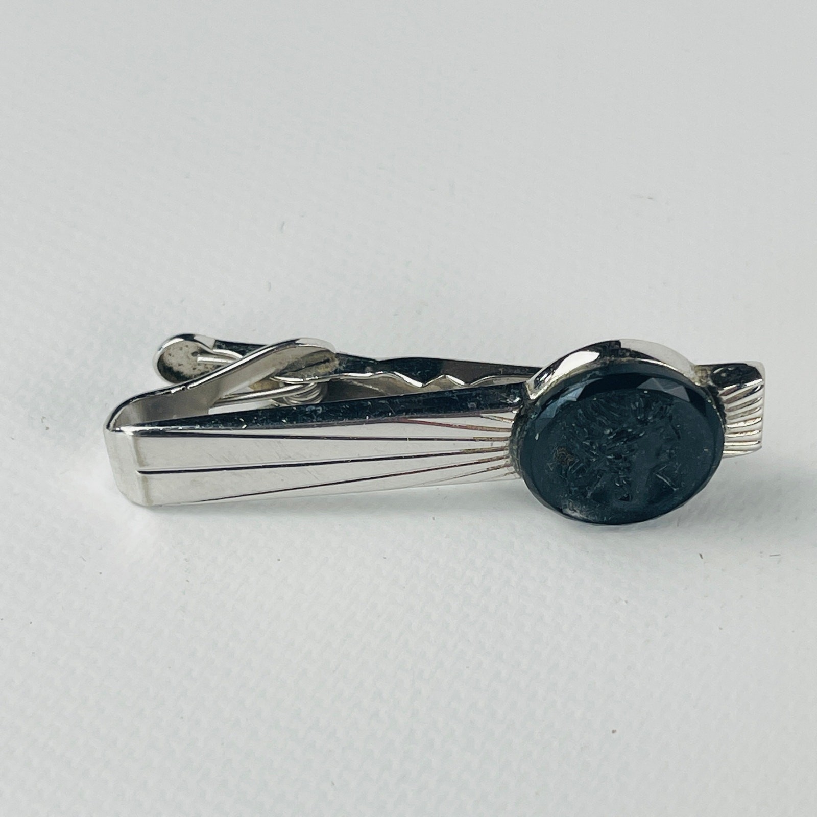 Vintage Black Cameo Head Silver Tie Bar Clasp 1 5/8”