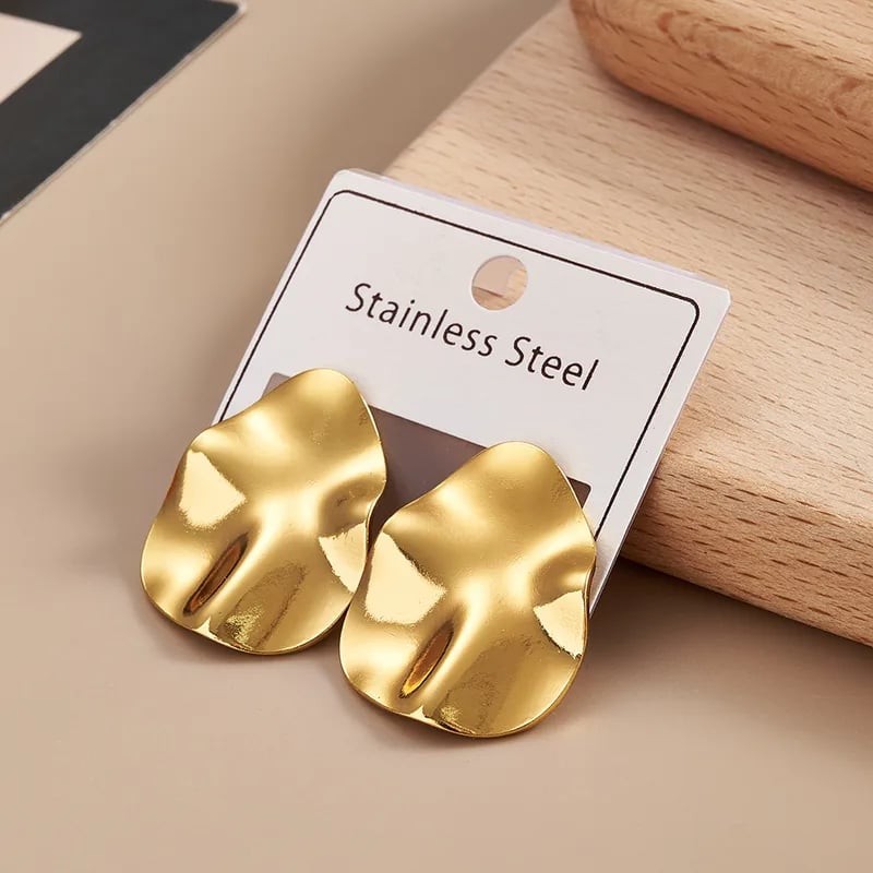 Vintage Matte Gold Folded Geometric Stainless Steel Stud Earrings