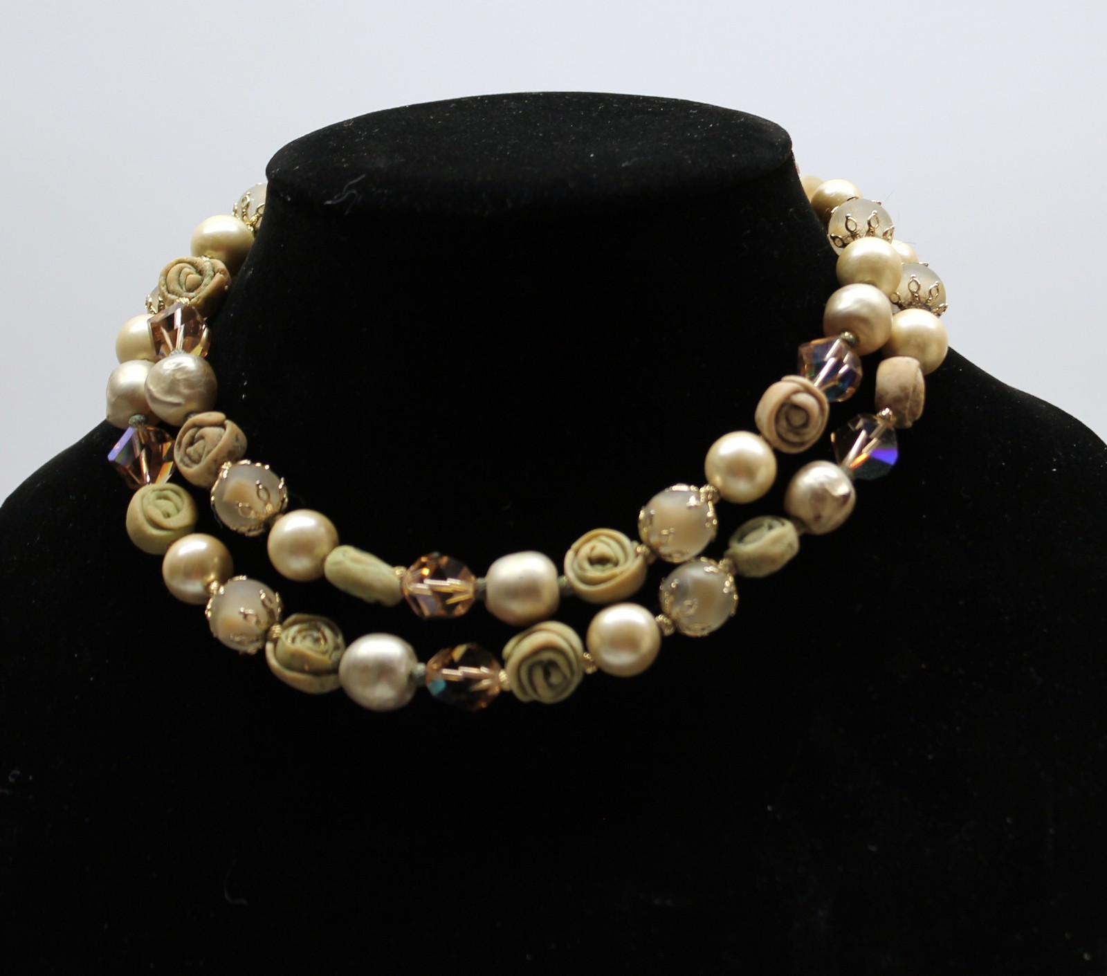 Vtg Vendome Double Strand Mixed Beads Necklace Bicone Polymer Frosted Faux Pearl