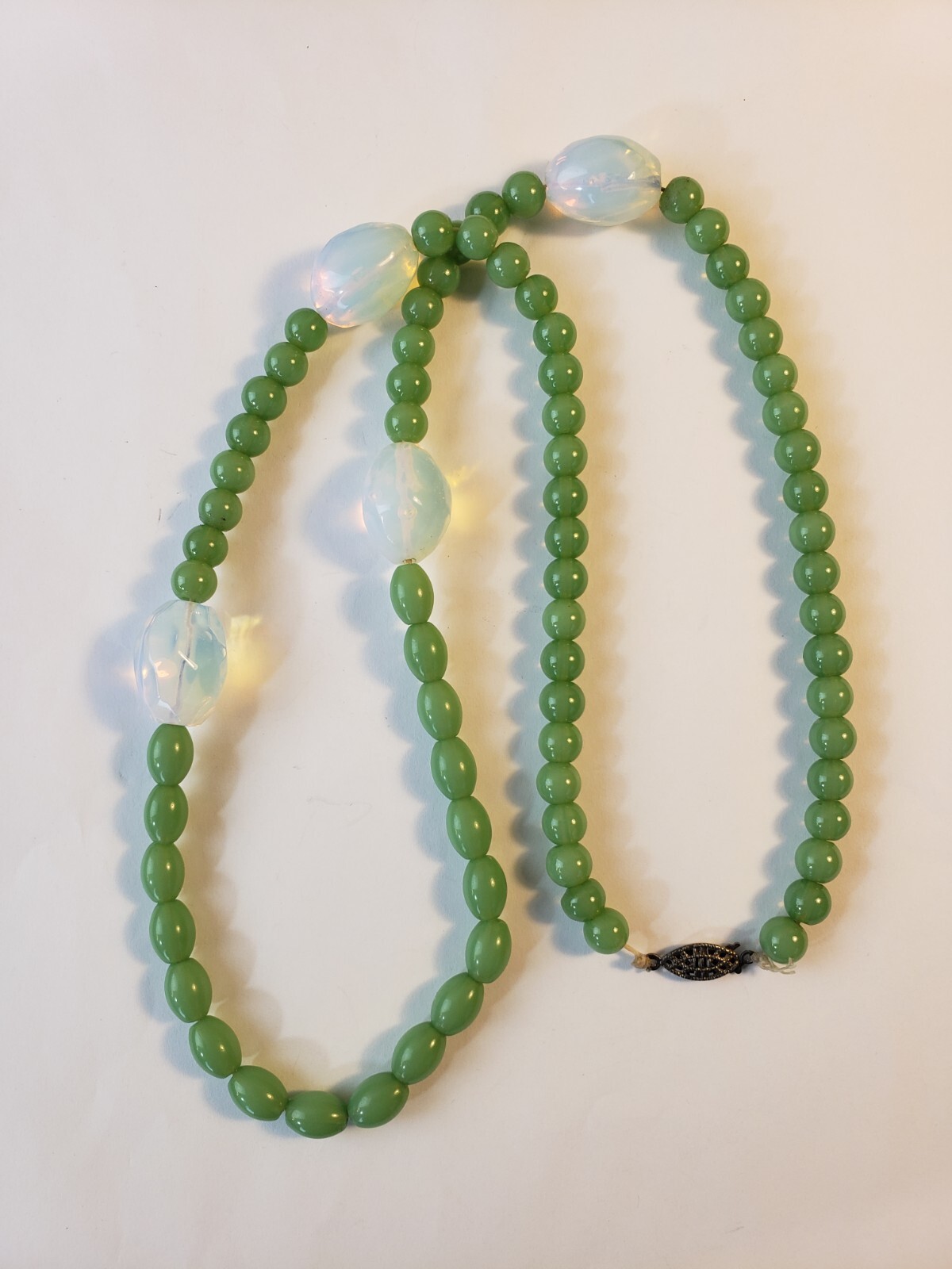 Vintage Opaline and Sage Green Glass Bead Necklace 29″