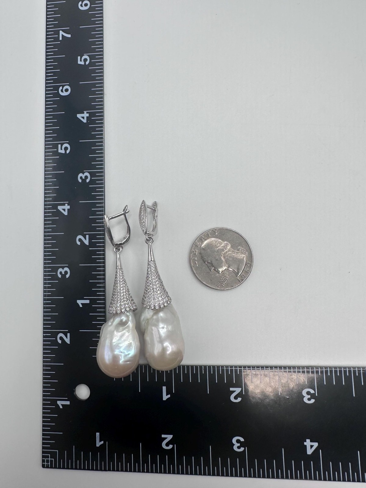 2.6” White Baroque Flameball Pearl Drop Earrings CZ Leverback Bridal Gift