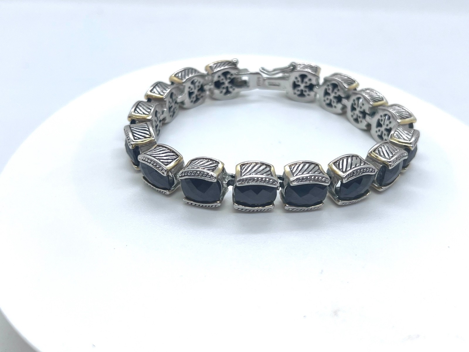 Vintage 90s Silver Tone Black Glass Square Link Bracelet Boho Fashion Jewelry