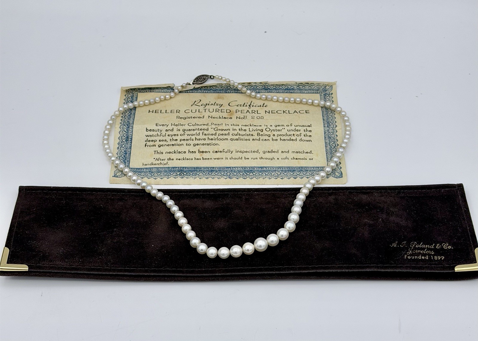 REGISTERED HELLER CULTURED PEARL NECKLACE GRADUATED 3-7 MM STERLING CLASP 17″