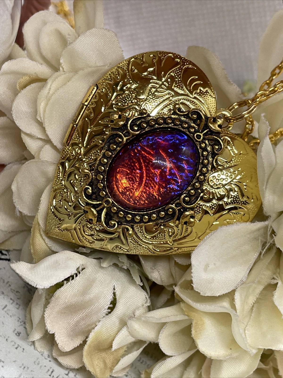 Gold Heart Locket Photo Fire Opal Dragon Birthday Anniversary Wedding Necklace