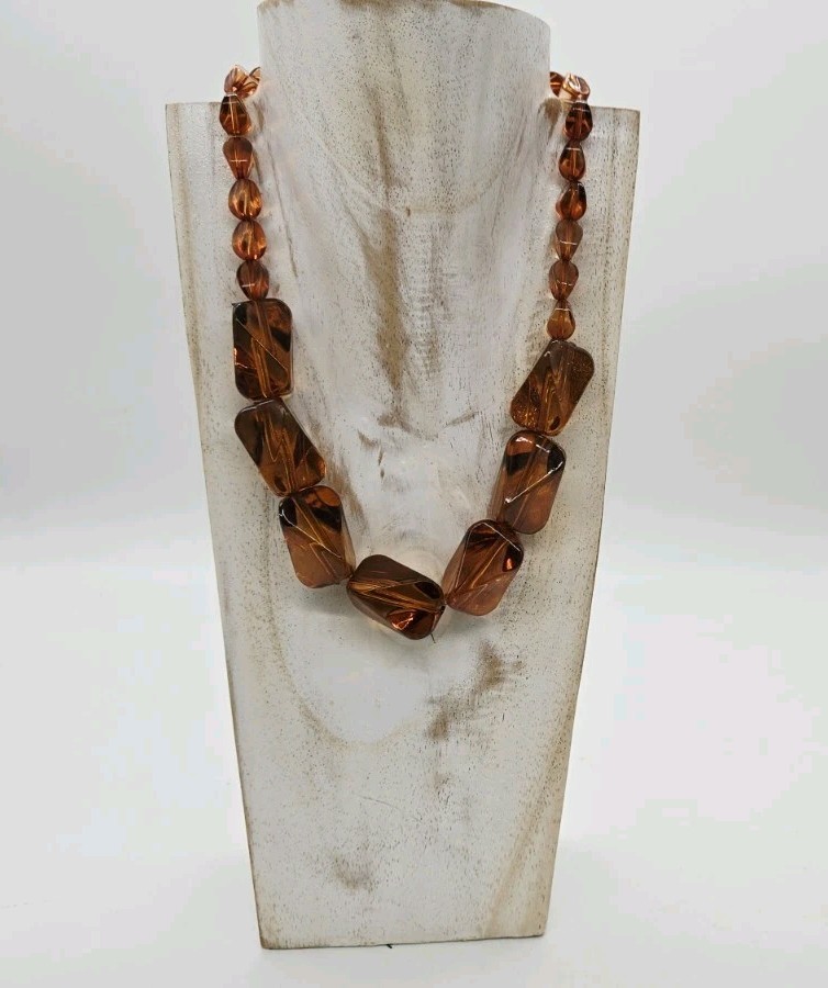 Brown Rootbeer Necklace Lucite Acrylic Chain Link Asymmetrical Silver tone 21 in