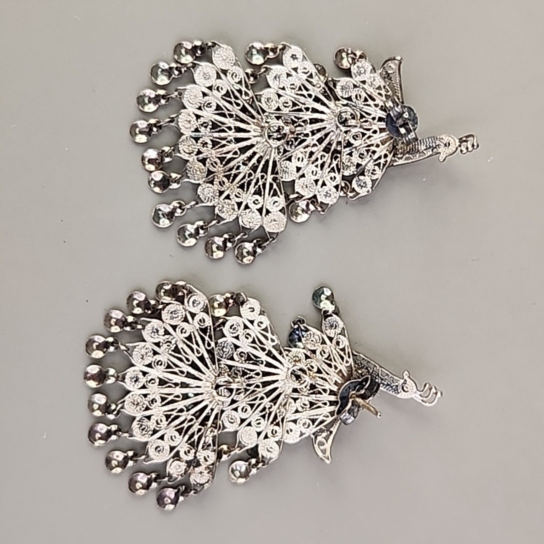 Vintage Sterling Silver Peacock Earrings Cannetille Filigree Articulated Dangles