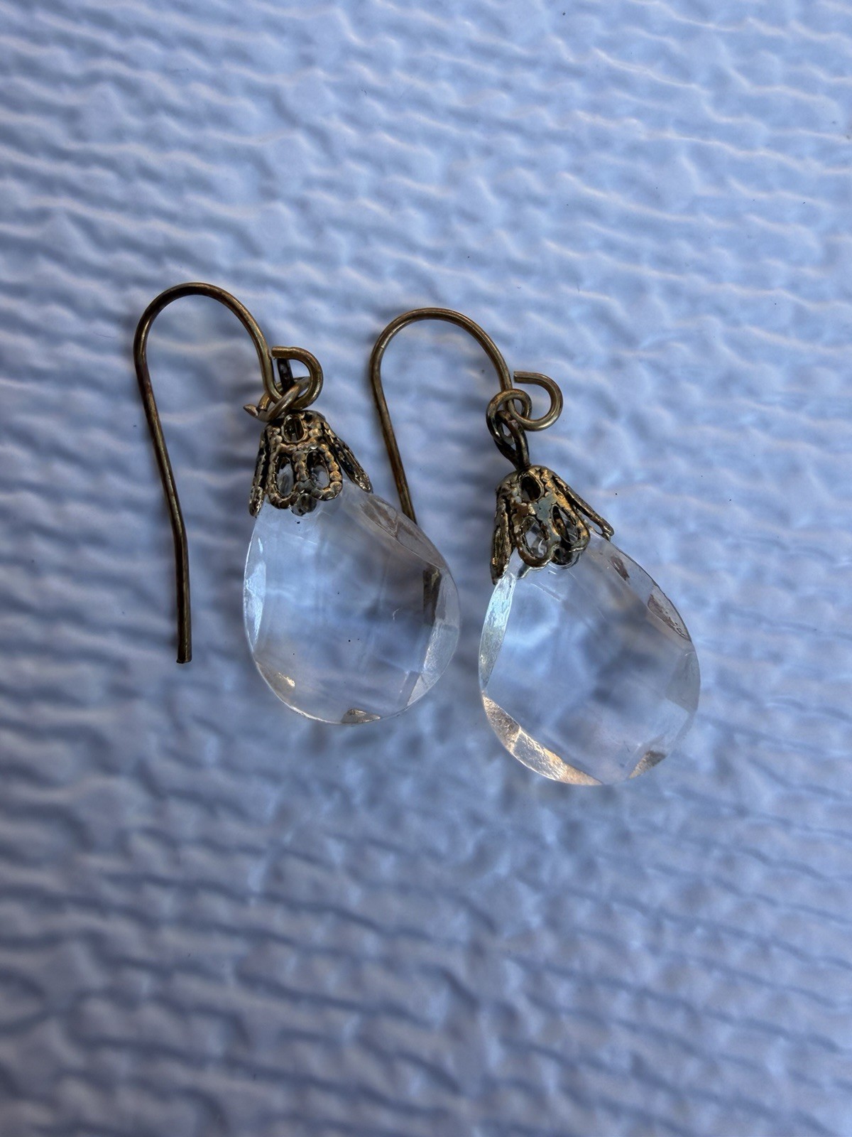 Vintage Faceted Crystal Teardrop Dangle Earrings Brass Tone French Hooks